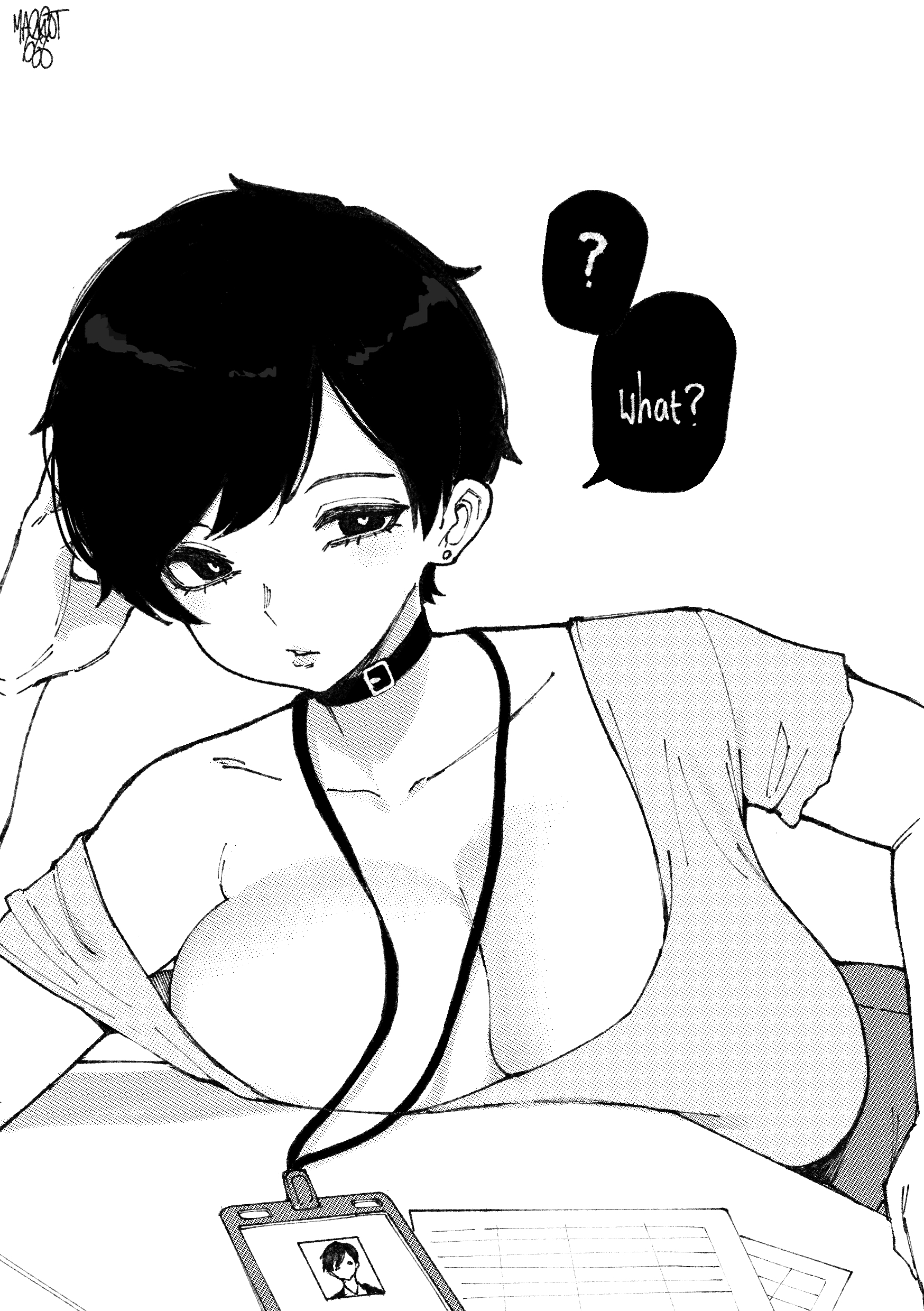 big breasts, black hair, black-haired female, breasts, collar, curious, female, female focus, female only, id card, large boobs, large breasts, looking at viewer, maggot666, norman maggot, office, office clothing, office lady, olive laurentia, original, short hair, short-haired female, solo, solo female, solo focus, talking to viewer