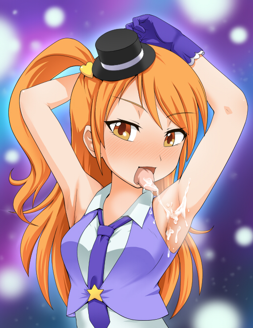 amamiya_rizumu armpits arms_up blush cum cum_in_mouth cum_on_body cum_on_upper_body female gloves hat jouwan long_hair mini_top_hat necktie open_mouth pretty_rhythm pretty_rhythm_aurora_dream side_ponytail solo_focus syn_sophia tongue top_hat vest