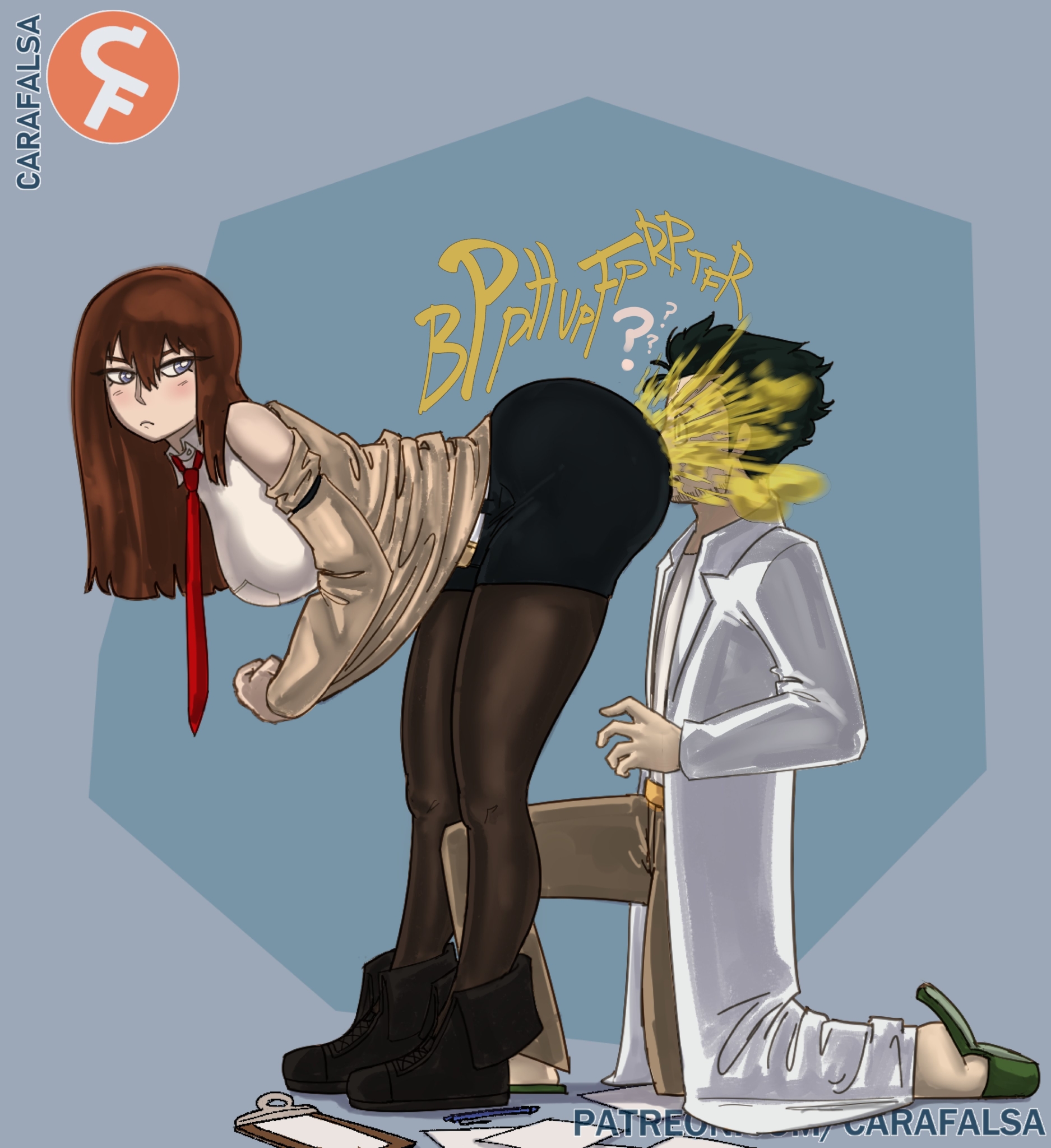 ass, big ass, carafalsa, clothed, clothed female, fart, fart cloud, fart fetish, farting, farting in face, farting on face, female, huge ass, light skin, light-skinned female, makise kurisu, okabe rintarou, steins;gate