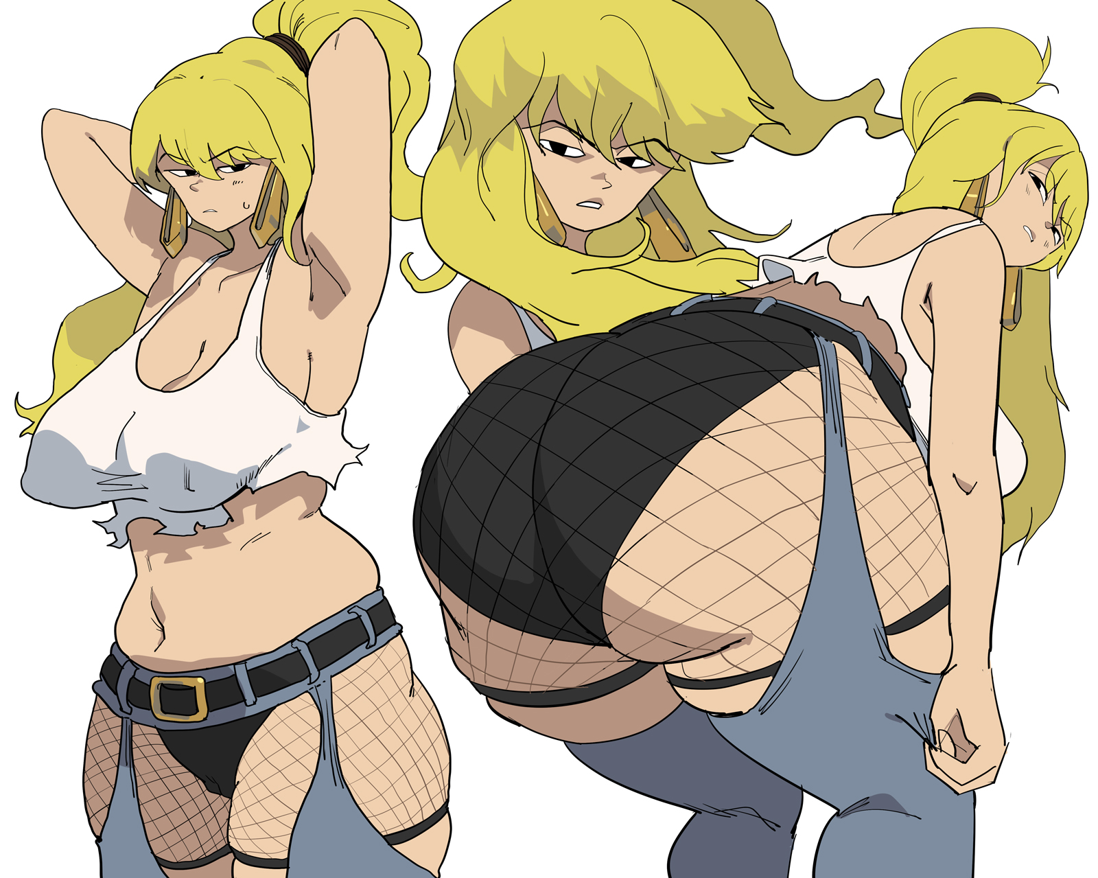 1girls, ass, ass focus, belly, belly out, big ass, big breasts, black panties, blonde, blonde female, blonde hair, blonde hair female, cleavage, cleavage cutout, crop top, fat ass, fishnet, fishnet legwear, hourglass figure, hourglass figured female, huge ass, huge breasts, human, image comics, julie winters, large breasts, looking at viewer, looking back, mtv, panties, ripped clothing, ripped pants, round ass, showing ass, the maxx, thick thighs, thighhighs, thighs, tied hair, white background, y agc, yuta agc