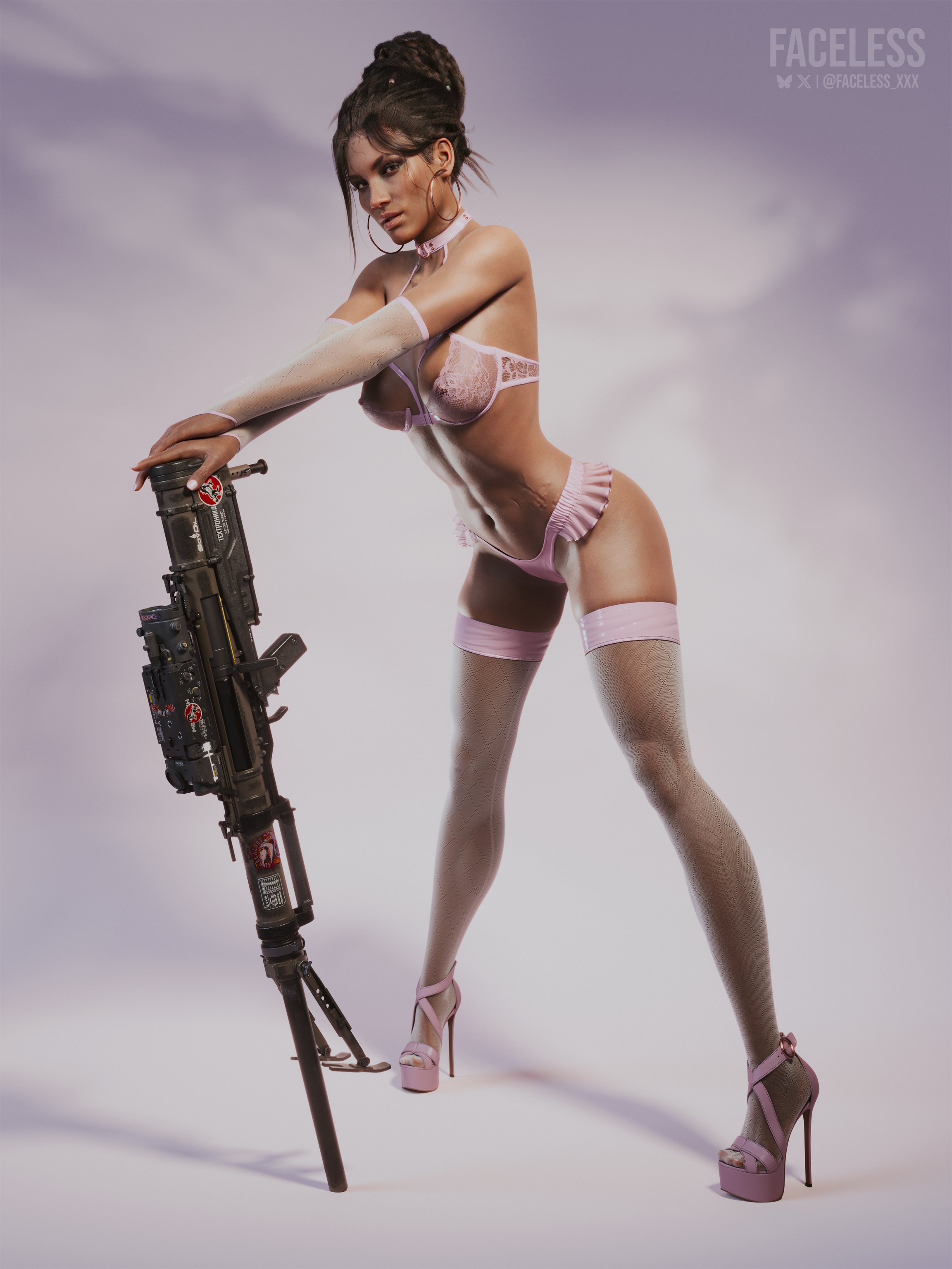 1girls, 2026, 3d, areolae, areolae slip, areolae visible through clothing, belly scar, bra, braided bun, breasts, bun hair, choker, cyberpunk 2077, dark brown hair, eyeshadow, faceless xxx, feet, female, female only, fit, fit female, frilled panties, full body, halterneck, high heels, hoop earrings, lace bra, lace lingerie, leaning forward, legs, legs apart, lingerie, lingerie only, lipstick, long hair, looking at viewer, nail polish, nipples, nipples visible through clothing, painted nails, painted toenails, panam palmer, panties, pink lingerie, pink nail polish, pink toenail polish, platform heels, scar, simple background, solo, standing, stockings, thigh high stockings, thigh highs, thighhigh stockings, thighhighs, tied hair, toenail polish, toes, weapon