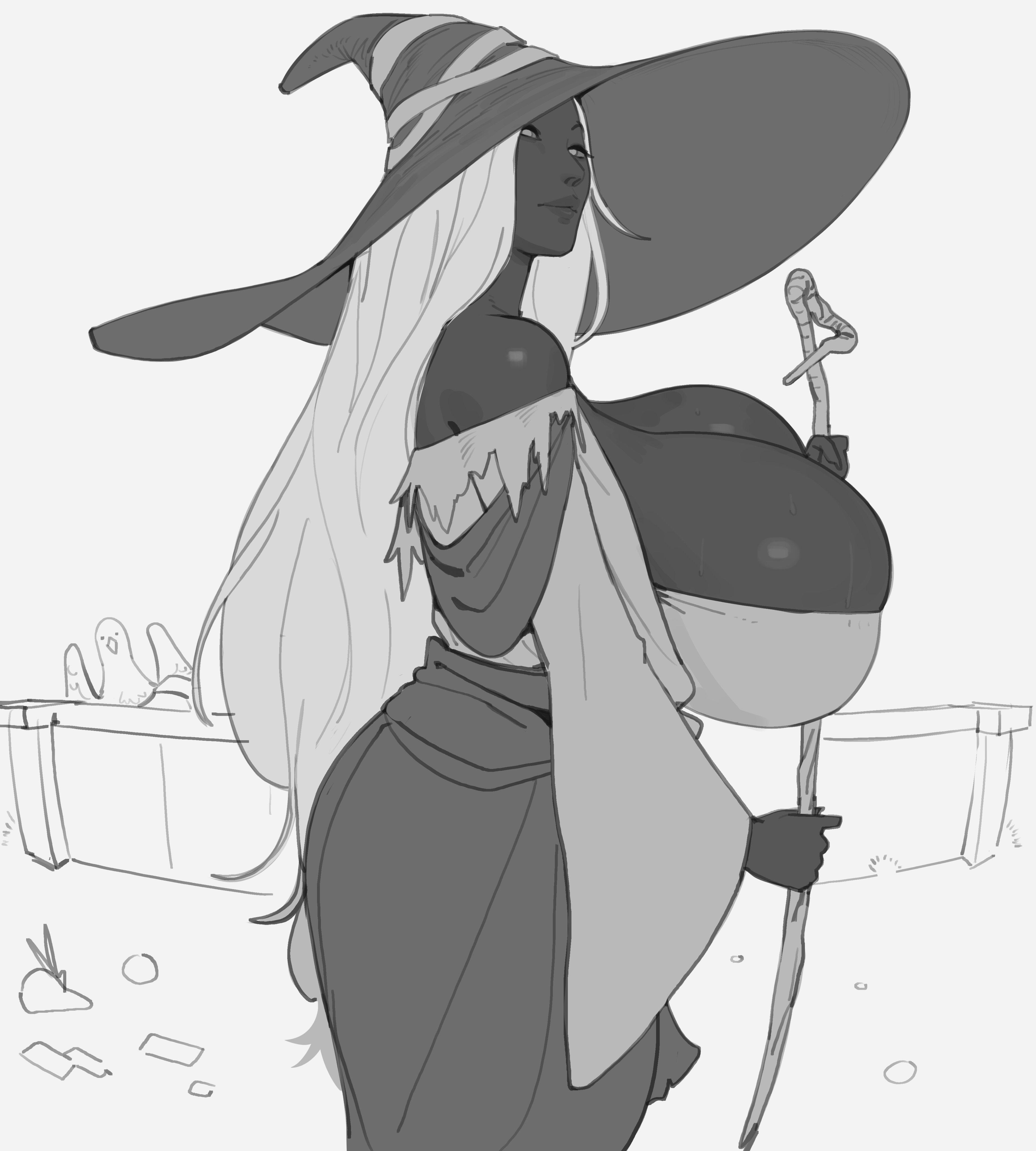 1girls, 2026, absurd res, ass, big ass, black and white, breasts, busty, cleavage, clothed, clothed female, clothing, curvaceous, curvy, dankwoll, dark skin, dark-skinned female, deep cleavage, dress, elden ring, elden ring nightreign, female, fromsoftware, fully clothed, gigantic breasts, greyscale, hair, hat, headgear, hi res, holding object, human, large ass, long hair, looking at viewer, monochrome, recluse (elden ring), recluse (nightreign), side view, skindentation, solo, staff, standing, strapless, strapless dress, sweat, sweatdrop, sweating, sweaty, sweaty body, sweaty breasts, three-quarter portrait, very long hair, white hair, wide hips, witch, witch hat