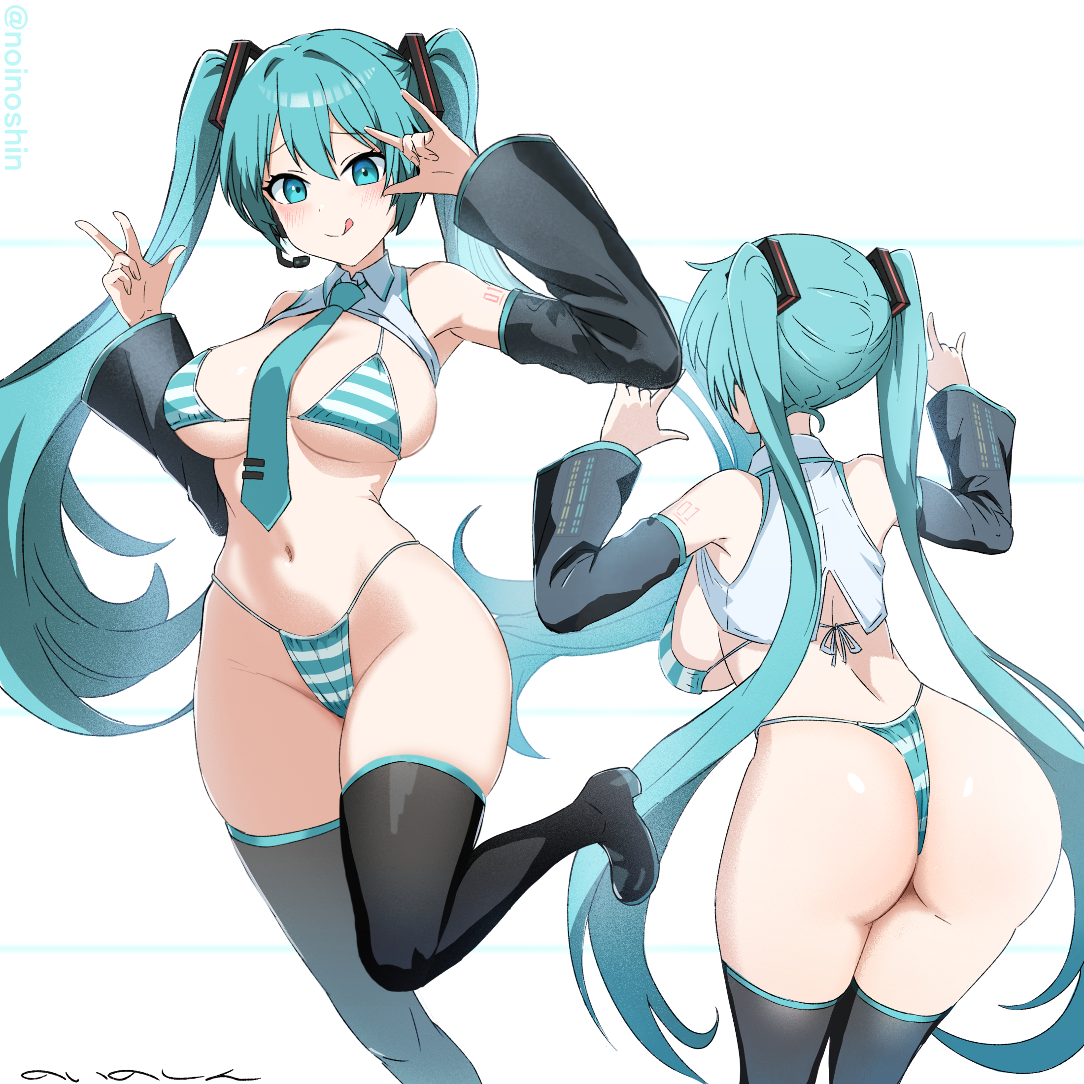 :q, 1girl, aqua eyes, aqua hair, artist name, ass, bikini, black boots, blush, boots, breasts, closed mouth, commentary, detached sleeves, female, female only, from behind, groin, hair between eyes, hatsune miku, headset, highres, large breasts, licking lips, long hair, looking at viewer, microphone, miku collar bikini, multiple views, navel, necktie, noinoshi, shadow, shoulder tattoo, signature, simple background, smile, standing, standing on one leg, stomach, striped, striped bikini, striped clothes, swimsuit, tattoo, thigh boots, thighhighs, thighs, thong, thong bikini, tongue, tongue out, twintails, very long hair, vocaloid, white background