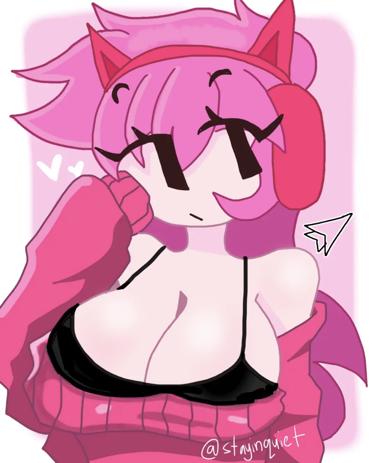 1girls, ashley (oddmod), ashley wave trials, big breasts, black bra, bra, breasts, collarbone, exposed shoulders, female, geometry dash, headphones, oddmod, off shoulder, pink hair, safe, self upload, sfw, simple background, solo, stayinquiet, sweater