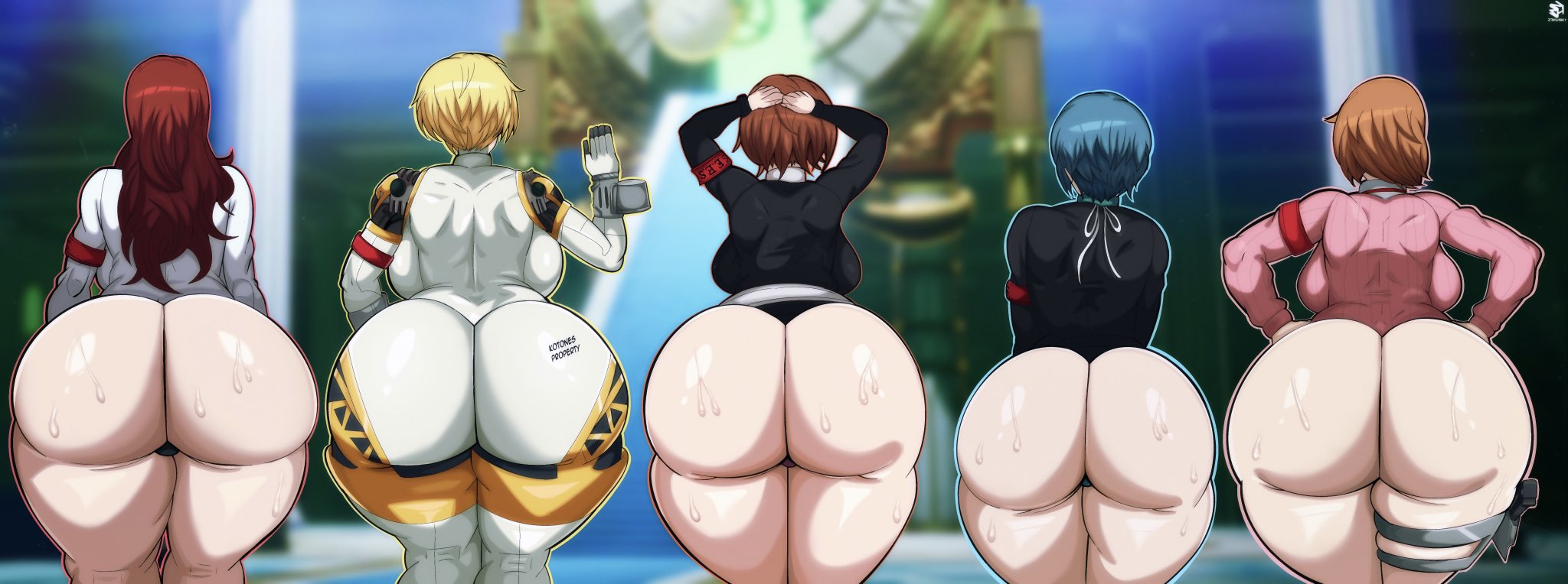 5girls, aegis (persona), aigis (persona), arms up, ass, ass chart, ass comparison, ass focus, big ass, big breasts, blonde hair, blue hair, bottom heavy, bottomless, bottomless female, breasts, brown hair, brunette, brunette hair, bubble butt, clothing, fat ass, female, female only, fuuka yamagishi, gluteal fold, hands behind head, hands on hips, huge ass, human, kotone shiomi, large ass, massive ass, mitsuru kirijo, no panties, persona, persona 3, rear view, robot, robot girl, school uniform, shirt, sweat, sweatdrop, sweaty ass, sweaty body, take your pick, thick ass, thick thighs, thunder thighs, wide hips, yukari takeba, z3husky