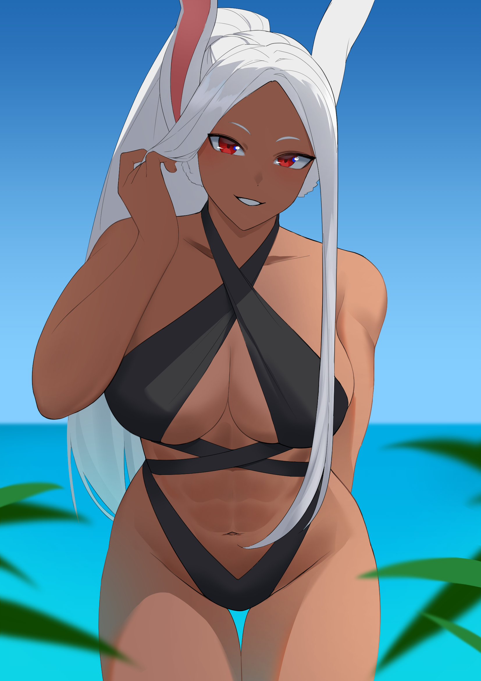 abs, adjusting hair, animal ears, bare shoulders, bikini, black bikini, blue sky, boku no hero academia, breasts, cleavage, criss-cross halter, dark skin, dark-skinned female, female, female only, halterneck, hand up, highleg, highleg bikini, highres, kritta88, large breasts, long eyelashes, long hair, looking at viewer, mirko, miruko, my hero academia, navel, outdoors, parted bangs, ponytail, rabbit ears, rabbit girl, red eyes, rumi usagiyama, sky, smile, solo, stomach, swimsuit, thigh gap, thighs, toned, very long hair, white hair