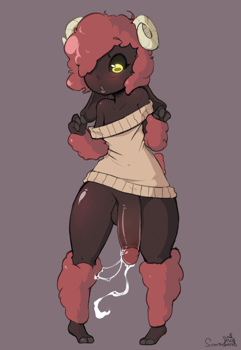 anthro big_penis blush caprine clothing cute dark_skin dripping full_length girly glowing glowing_eyes horn male mammal penis pepper_(scorci) precum scorci sheep simple_background standing sweater