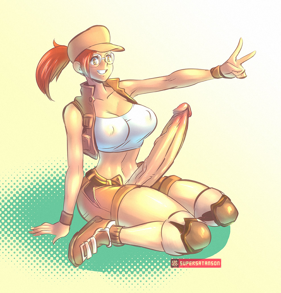 1futa, bimbo, breasts, brown hair, cap, cleavage, clothes, erection, eyewear, female, fio germi, futa only, futanari, gesture, glasses, huge cock, intersex, jacket, knee pads, large penis, long penis, metal slug, navel, nipples, penis, penis out, ponytail, shorts, sitting, smile, snk, solo, straight, supersatanson, tank top, tied hair, v, voluptuous, wristband, yellow eyes