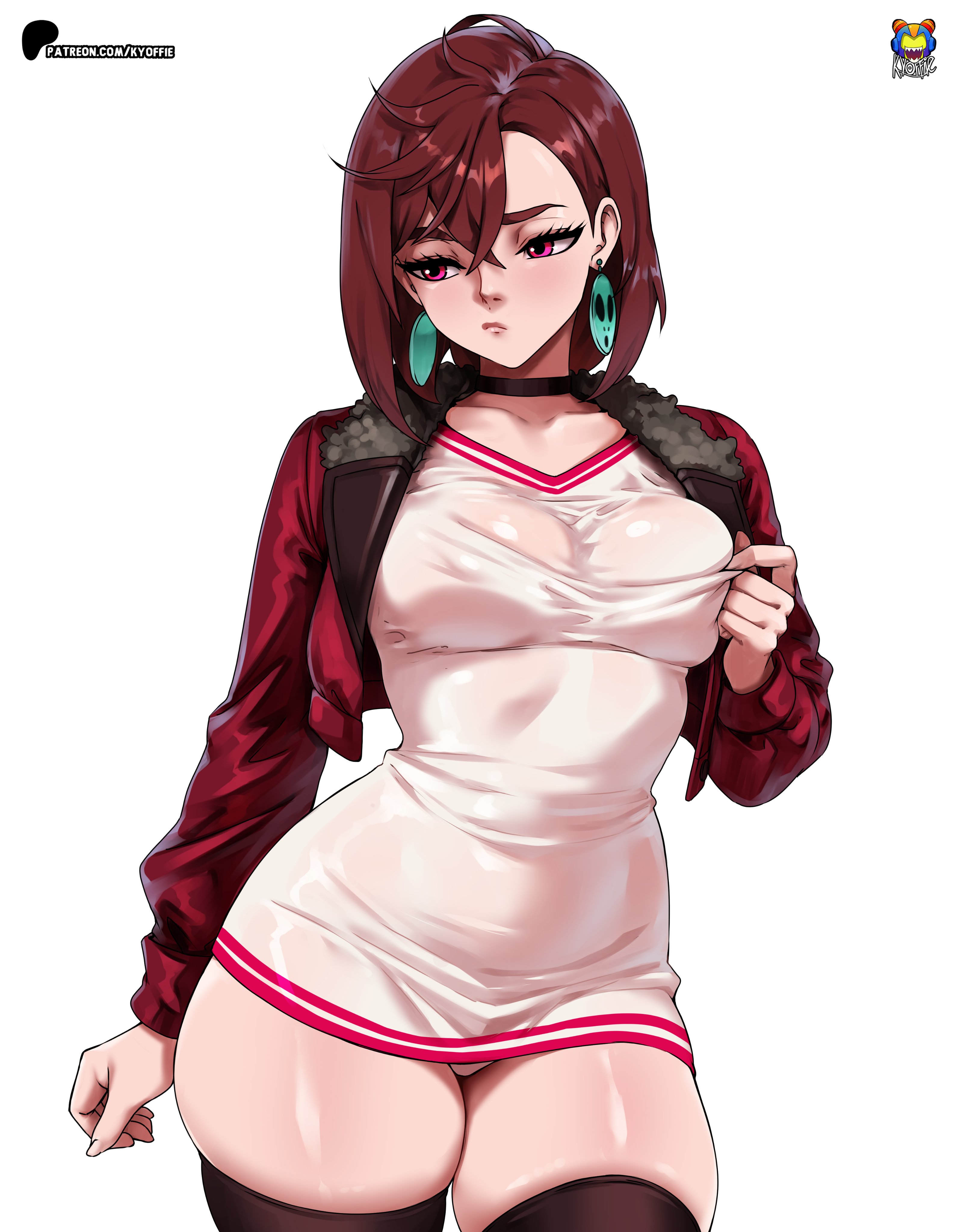 1girls, 2026, ayase momo, big breasts, blush, brown hair, brown-haired female, clothed, clothed female, clothing, dandadan, earrings, female, female only, kyoffie, pale skin, pale-skinned female, red eyes, tagme, thick thighs, watermark, wet clothes, white background