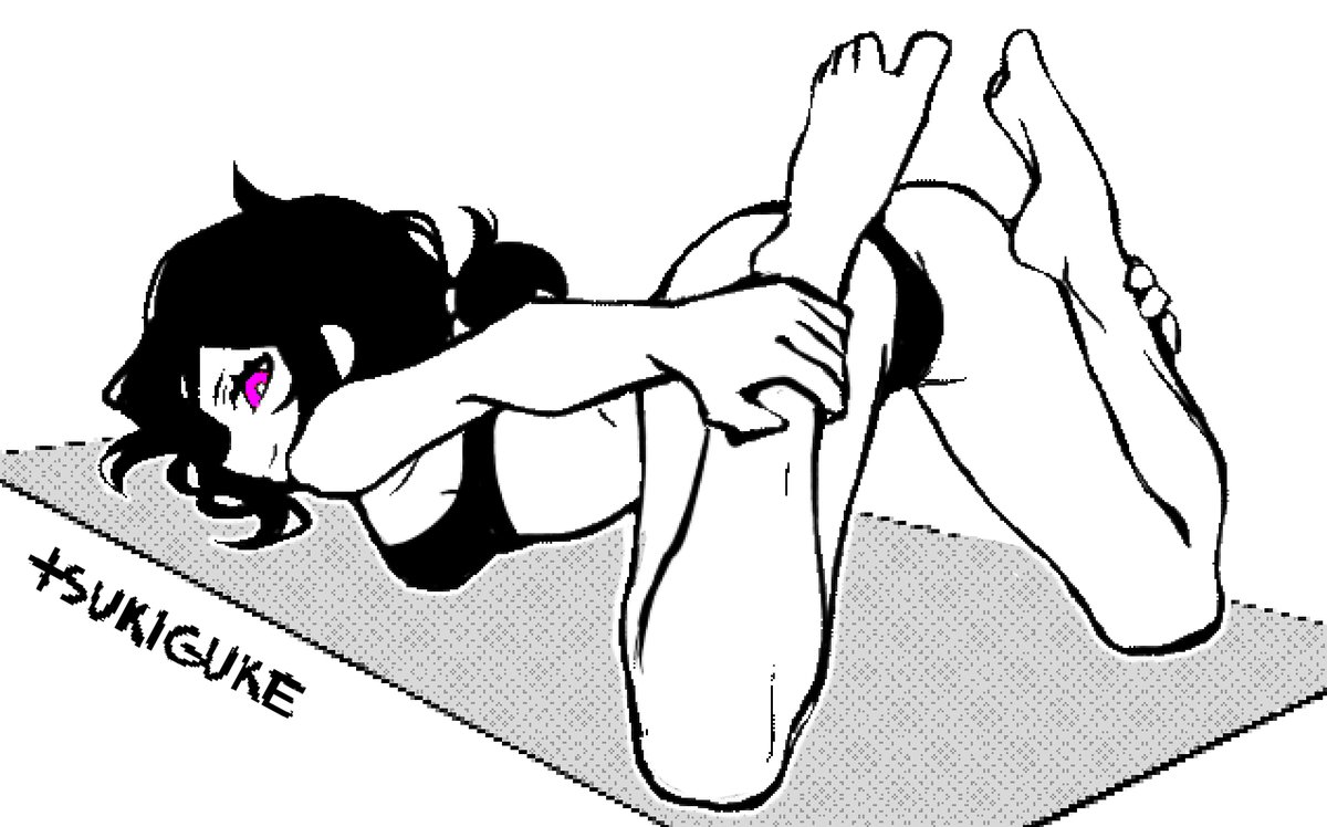 1girls, 2d, ashley graves, ass, ass up, black hair, bra, feet, female, female only, looking at viewer, looking back, panties, pink eyes, ponytail, pose, posing, solo, solo female, teasing, the coffin of andy and leyley, tsukiguke, yoga, yoga pose, yoga pose meme 2026