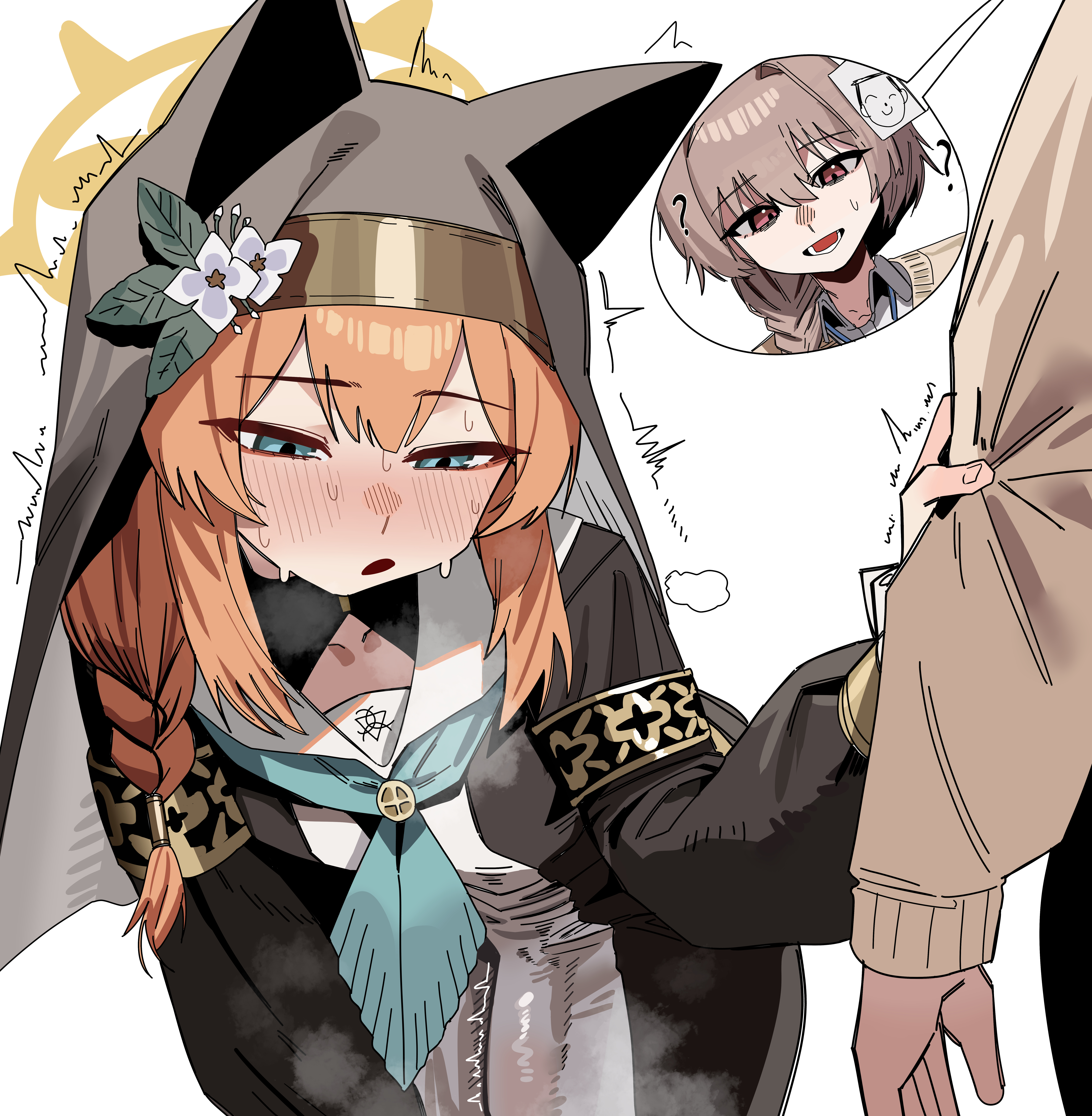 ?, 1futa, 1girls, 2d, 2d (artwork), absurd res, animal ears, big cock, big penis, black veil, blue archive, blue eyes, blush, braid, braided hair, breath, breath cloud, brown hair, bulge, bulge through clothing, bulge under clothes, cat ears, clothed, color, colored, confused, erection, eyes open, female, female sensei (blue archive), flushed, flushed face, flustered, futa with female, futanari, hair flower, hair ornament, halo, hi res, high resolution, holding another's arm, horny, horny futa, large cock, large penis, mari (blue archive), no background, no text, nun, nun hat, nun outfit, open mouth, orange hair, panting, penis, penis outline, red eyes, ruppu, shivering, side braid, sweat, sweatdrop, tagme, teacher, teacher and student, temptation, trembling, trembling lines, trembling penis, unaware, veil, white background, yellow halo, yuri