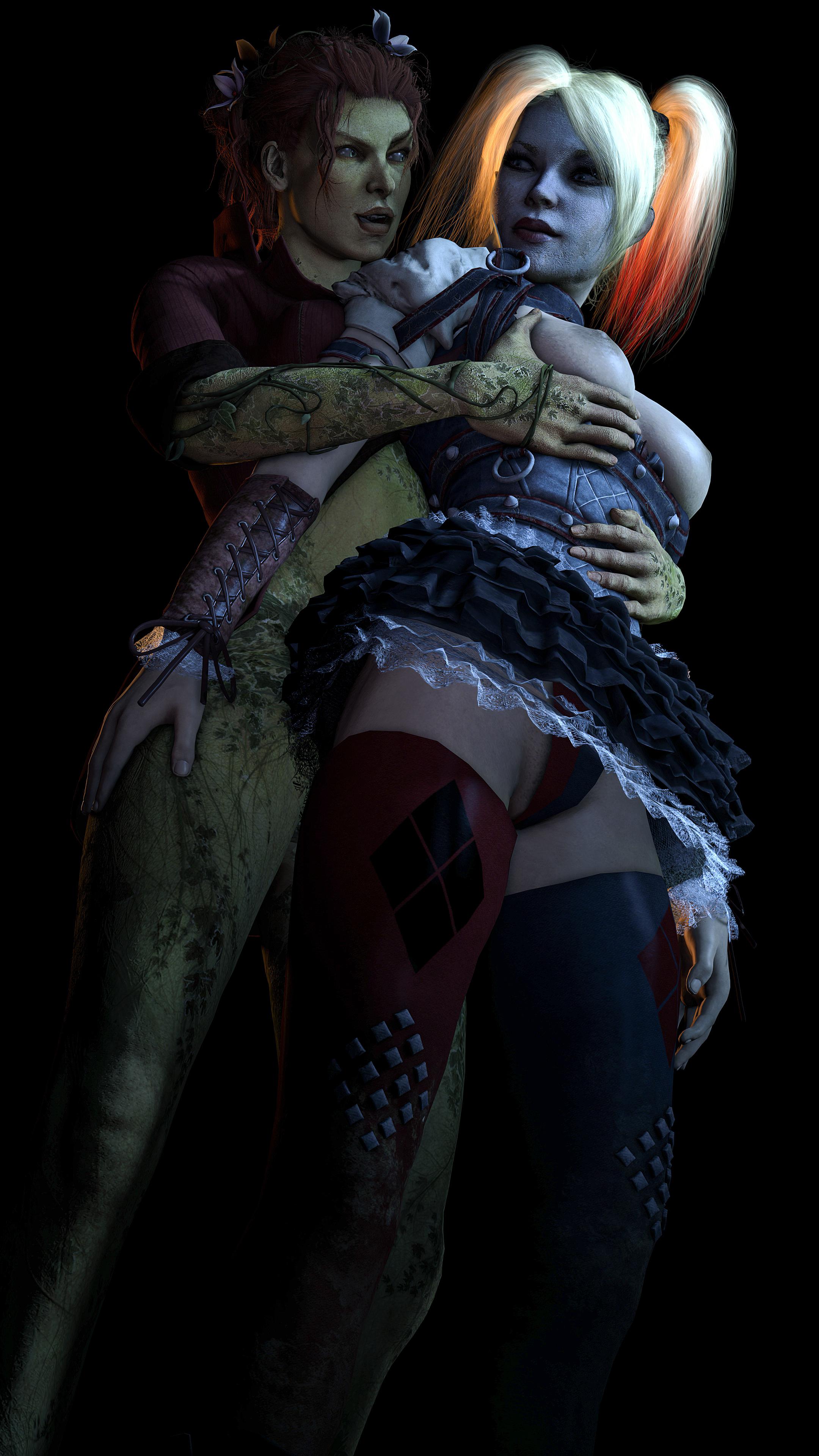 2girls, 3d, armbands, batman (series), batman: arkham knight, blonde hair, blue eyes, breasts, clothes, clothing, corset, dc, dc comics, dyed hair, female, female only, flower, green eyes, green skin, green-skinned female, hair flower, harley quinn, harley quinn (arkham knight), harley quinn (arkham), jacket, large breasts, makeup, nipples, pamela isley, panties, poison ivy, poison ivy (arkham knight), poison ivy (arkham), red hair, rocksteady studios, skirt, source filmmaker, standing, stocking, stockings, tied hair, twintails, xentho, yuri