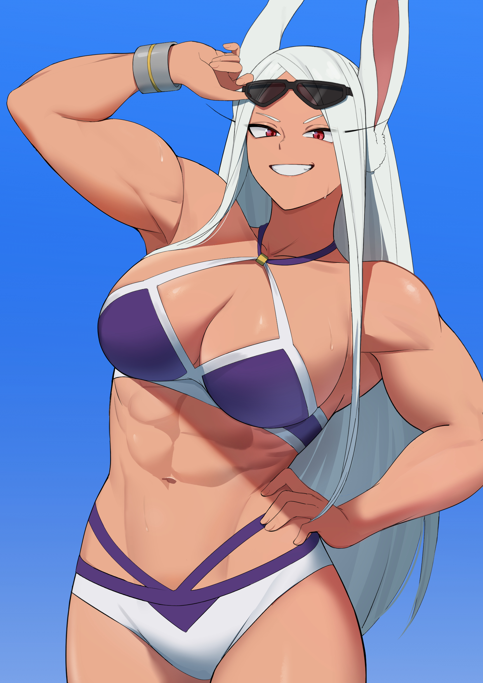 :d, abs, adjusting eyewear, animal ears, bikini, blue background, boku no hero academia, bracelet, breasts, cleavage, collarbone, dark skin, dark-skinned female, eyewear on head, female, female only, hand on own hip, hand up, highres, jewelry, kritta88, large breasts, long eyelashes, long hair, looking at viewer, mirko, miruko, multicolored bikini, my hero academia, navel, open mouth, parted bangs, purple bikini, rabbit ears, rabbit girl, red eyes, rumi usagiyama, rumi usagiyamar, smile, solo, stomach, sunglasses, sweat, swimsuit, thick thighs, thighs, toned, toned female, two-tone bikini, very long hair, white bikini, white hai
