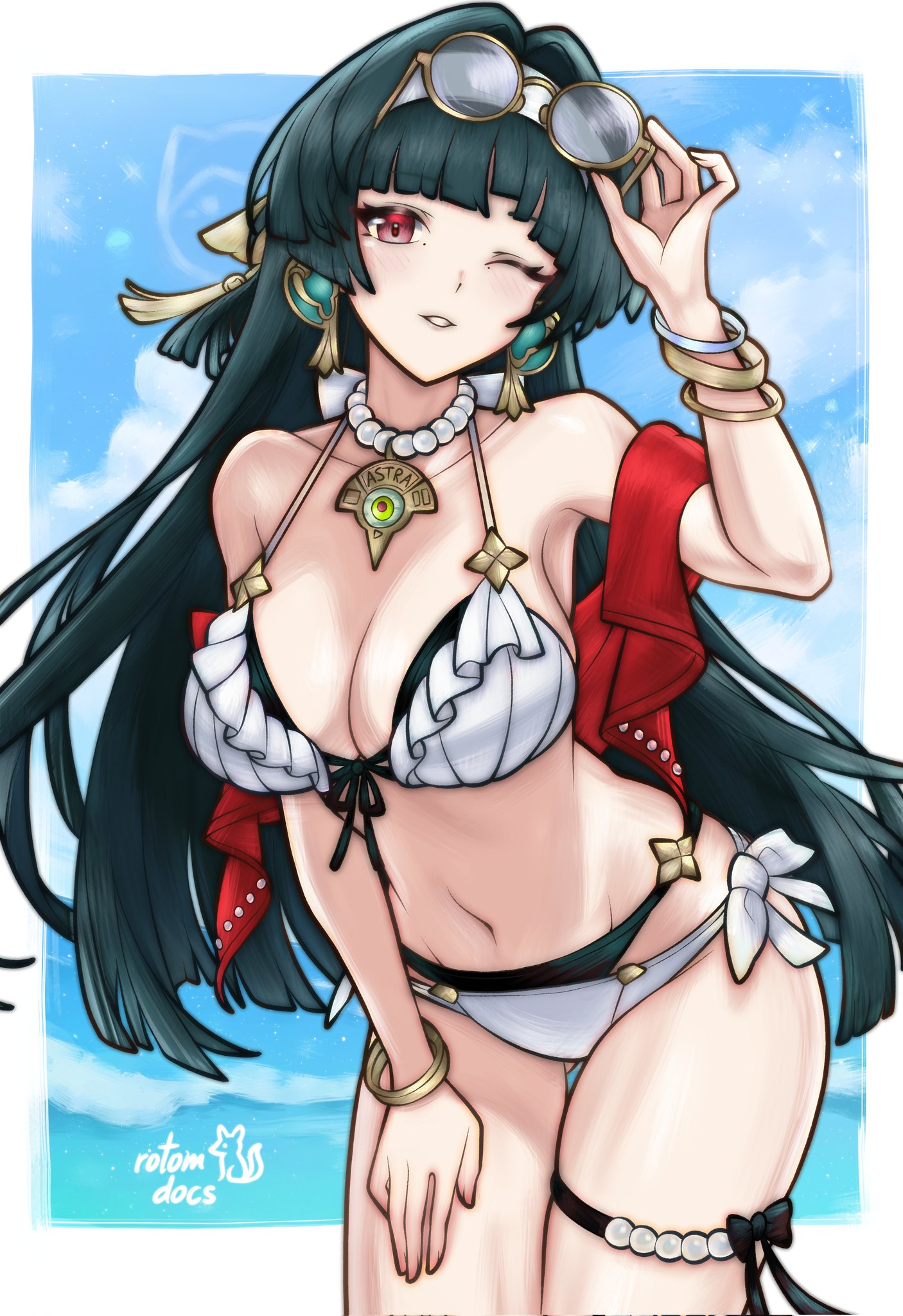 1girl, adjusting eyewear, astra yao, bikini, rotomdocs, solo, white bikini, zenless zone zero