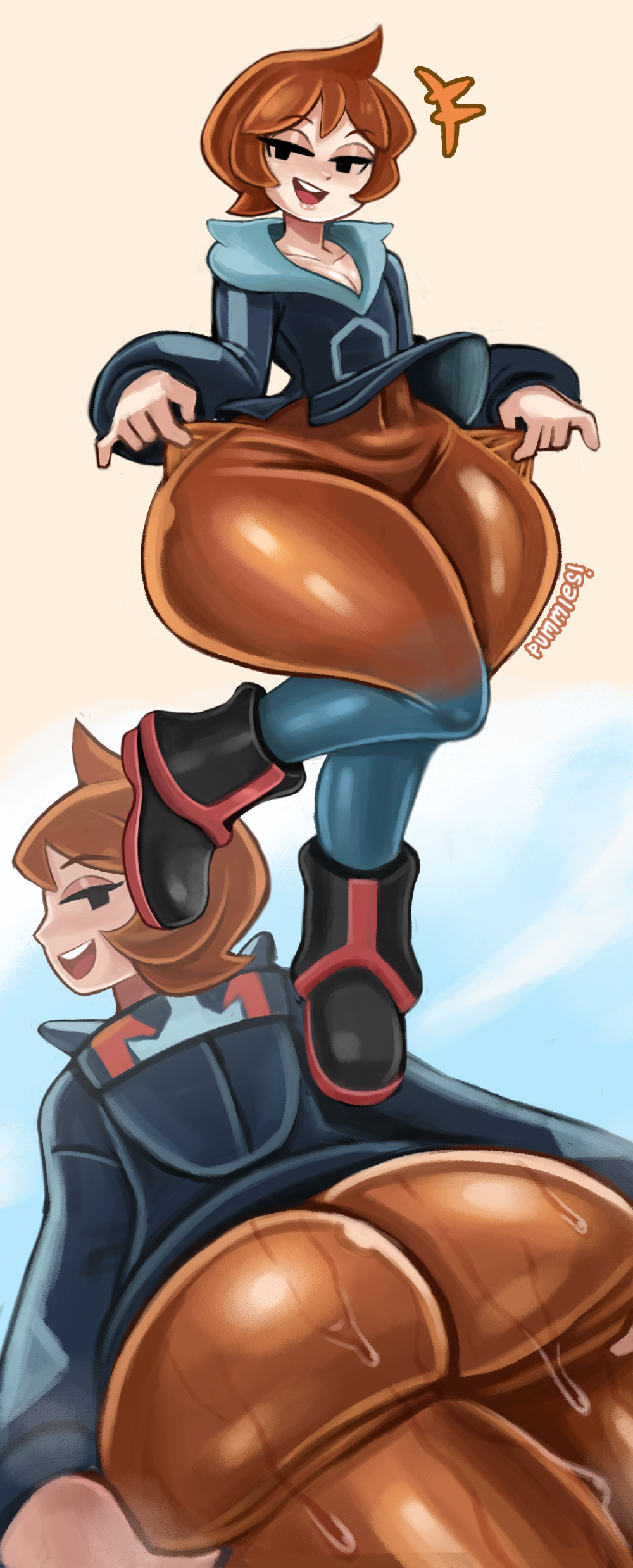 1girls, arezu (pokemon), ass, ass focus, ass shot, big ass, black eyes, blush, bottomwear, breasts, bubble ass, bubble butt, clothing, female, female only, flat chest, footwear, full body, hips, huge ass, jacket, looking back, pants, pokemon, pokemon legends: arceus, pummies, red hair, red pants, shoes, short hair, smile, solo, solo female, sweat, sweatdrop, sweaty, thick thighs, thighs, topwear, wet clothes, wet clothing, wide hips