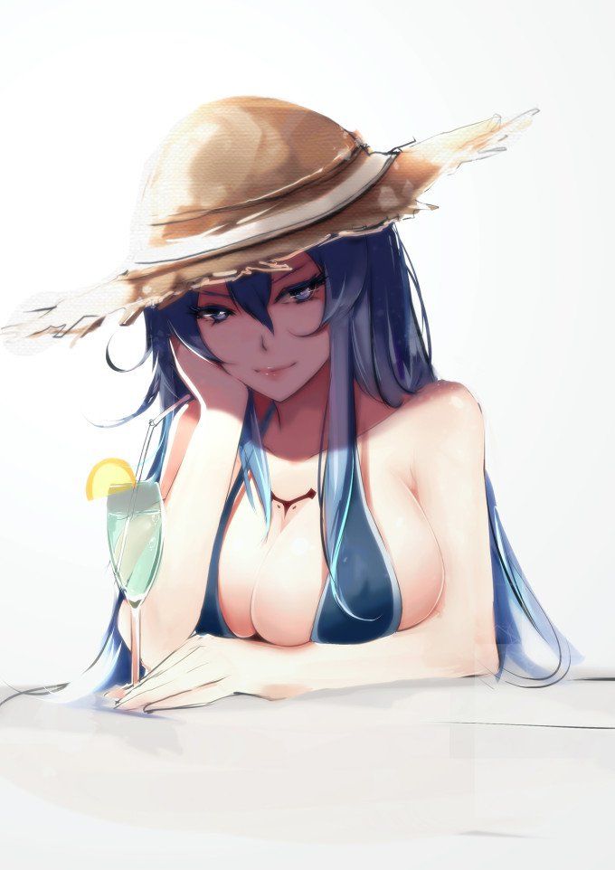 1girls akame_ga_kill! bba1985 blue_eyes blue_hair breasts cleavage drink esdeath_(akame_ga_kill!) female female_only food fruit glass hat highres large_breasts lemon long_hair looking_at_viewer pale-skinned_female pale_skin profile sketch smile solo straw straw_hat tattoo uncensored white_background