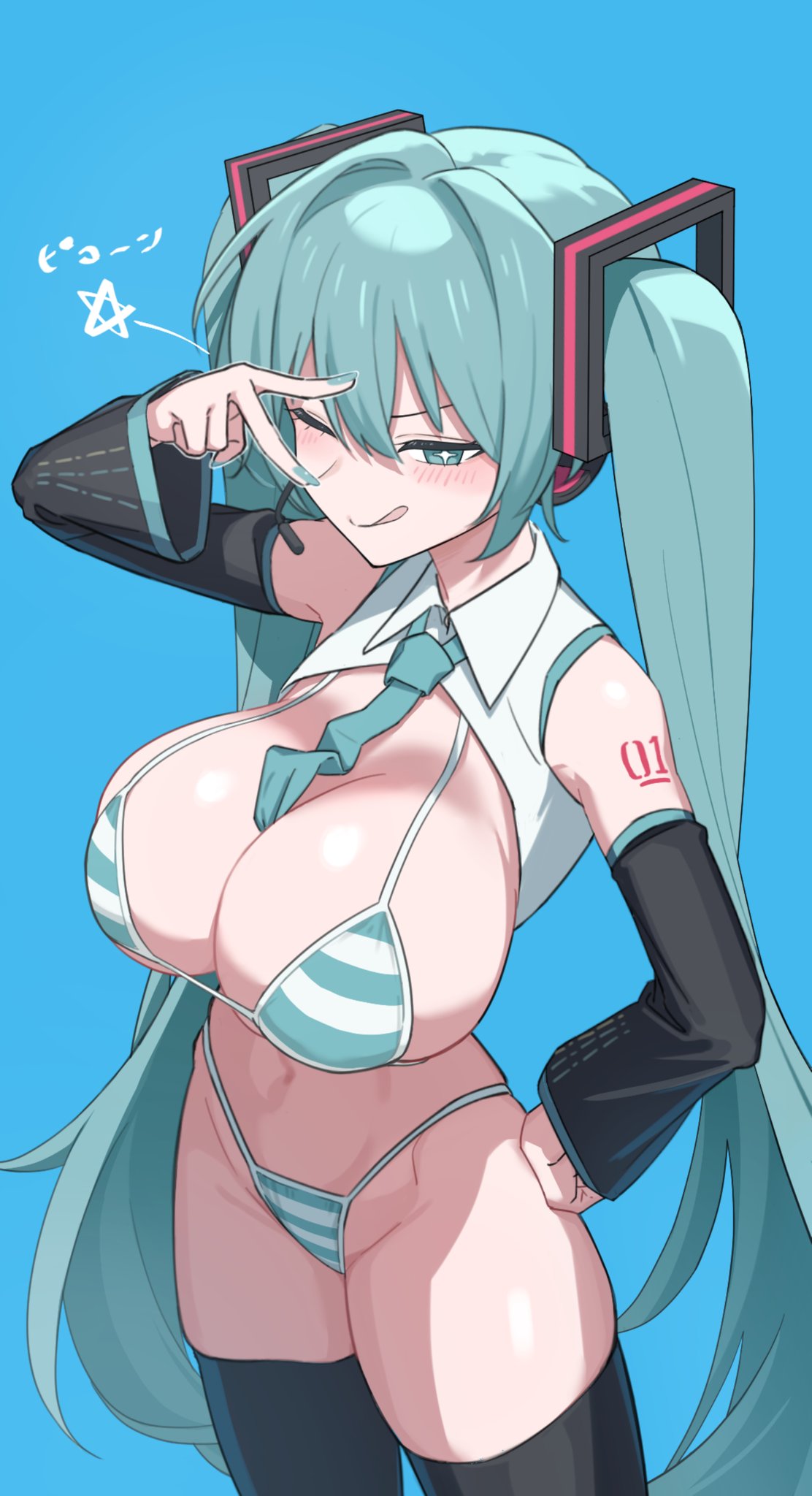 ;q, 1girl, alternate breast size, alternate breast size (larger), aqua bikini, aqua eyes, aqua hair, aqua nails, aqua necktie, aqua trim, bare shoulders, between breasts, bikini, black sleeves, black thighhighs, blue background, blush, breasts, cleavage, closed mouth, collared shirt, cropped shirt, detached sleeves, female, female only, hair between eyes, hair intakes, hand on hip, hand on own hip, hatsune miku, hatsune miku (collared bikini), headset, highleg, highleg bikini, highres, horizontal-striped swimwear, huge breasts, large breasts, long hair, looking at viewer, miku collar bikini, multicolored bikini, nail polish, navel, necktie, necktie between breasts, number tattoo, one eye closed, shirt, shoulder tattoo, simple background, smile, solo, star (symbol), star-shaped pupils, stomach, striped, striped bikini, striped clothes, swimsuit, symbol-shaped pupils, tattoo, thighhighs, tongue, tongue out, twintails, two-tone bikini, v, v over eye, very long hair, vocaloid, white bikini, white shirt, yuina64nhk