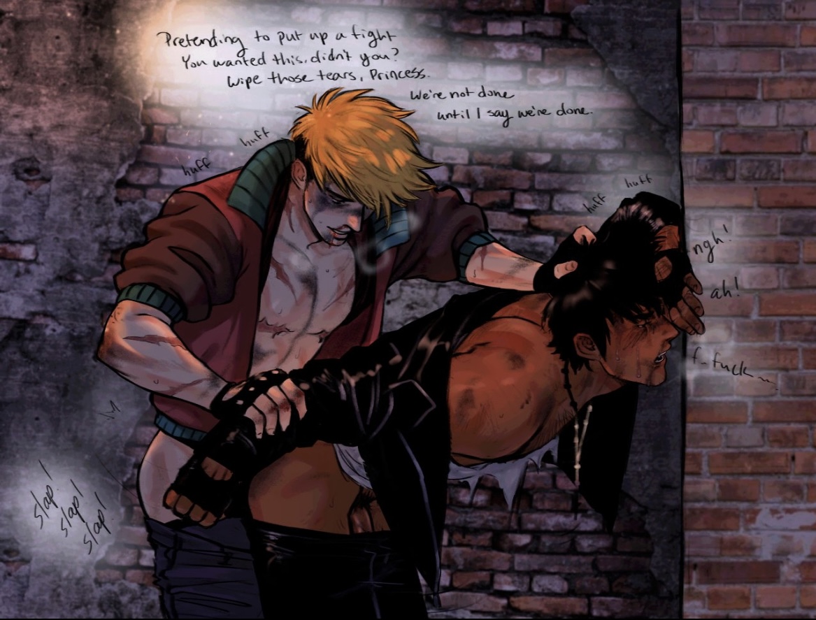2boys, anal, anal rape, arcadianpeach, black hair, blonde hair, blood on face, boy rape, bruises, clothed sex, cocky, crying, dark-skinned male, dominant male, fingerless gloves, forced, forced anal, forced submission, fucked from behind, fucked into submission, fucked senseless, fucked silly, gay, grabbing hair, grabbing wrists, human, illustonic, light-skinned male, male, male only, male rape victim, molestation, nicholas d wolfwood, noncon, nonconsensual, pinned, pinned to wall, rape, strap-on, submissive male, taunting, top surgery scars, trans man, transmasc, trigun, trigun stampede, vash the stampede, yaoi