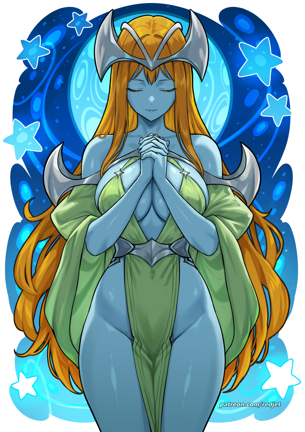 1girl, bare shoulders, big breasts, blonde hair, blue skin, breasts, cleavage, closed eyes, closed mouth, colored skin, commentary, curvy, cut-out, dress, duel monster, elf, english commentary, exposed, female, female only, fringe, green dress, headpiece, hi res, highres, hourglass figure, interlocked fingers, konami, large breasts, long hair, mystical elf, necklace, no bra, no panties, orange hair, own hands together, patreon username, pelvic curtain, pointy ears, pose, praying, redjet, semi nude, sideboob, slim waist, slit dress, slit dresses, standing, star (symbol), thick thighs, thighs, very long hair, voluptuous, wide hips, yu-gi-oh!, yu-gi-oh! duel monsters