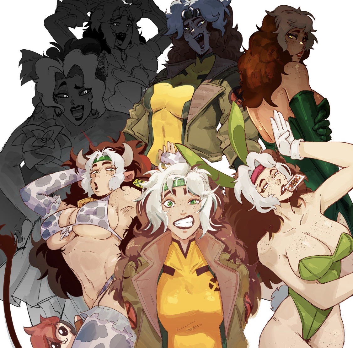 2d, anna marie, armpits, cow ears, cow horns, cow print, cupperexe, cupperthesecond, female, gambit, human, humanoid, in shadow, marvel, marvel rivals, playboy bunny, plushie, rogue (marvel rivals), rogue (x-men), rouge the bat (cosplay), smile, smiling at viewer, tagme, wedding dress, x-men