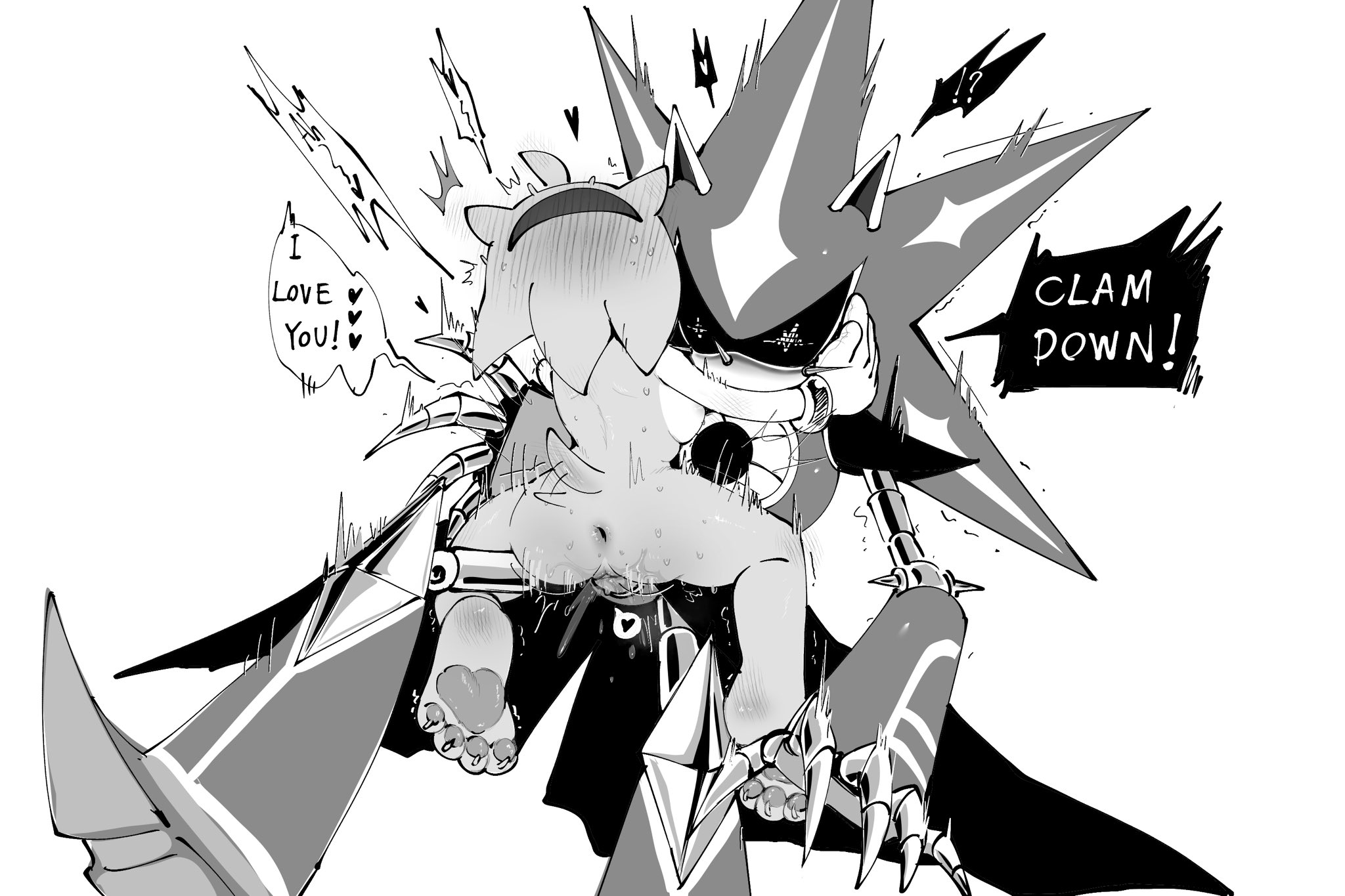 1boy, 1girls, all the way to the base, amy rose, anus, blush, bouncing ass, bouncing on penis, bracelet, breasts, chillidog0, claws, eager bottom, foot blush, glitching, greyscale, heart, heart-shaped pupils, i love you, impact lines, larger male, metal claws, metal sonic, neo metal sonic, robot, size difference, smaller female, sonic (series), sonic heroes, sonic the hedgehog (series), surprised eyes, tagme, tail, tail blush, tailwag, tremble spikes, trembling, vaginal penetration