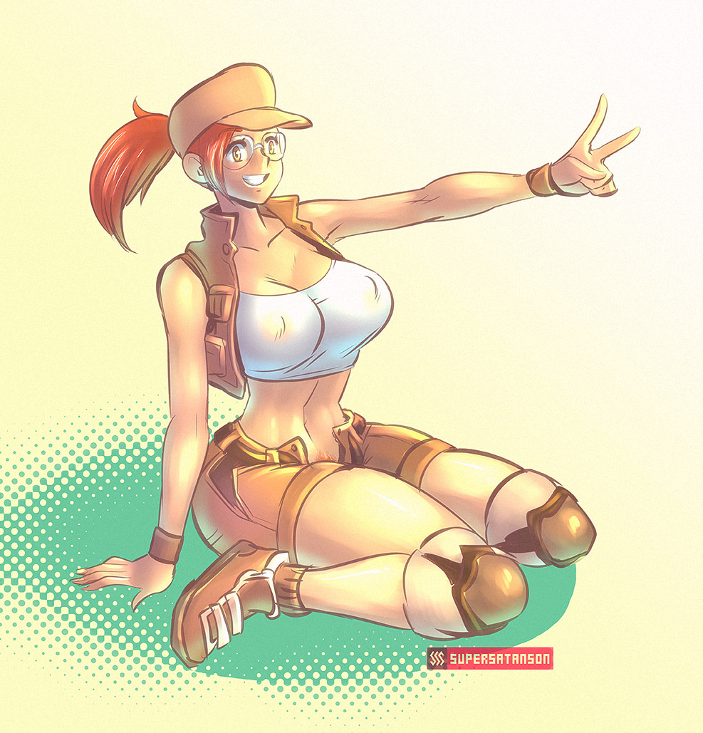1girls, brown hair, cap, cleavage, clothes, eyewear, female, fio germi, gesture, glasses, jacket, knee pads, metal slug, navel, ponytail, pubic hair, shorts, sitting, smile, snk, solo, supersatanson, tank top, tied hair, v, wristband, yellow eyes