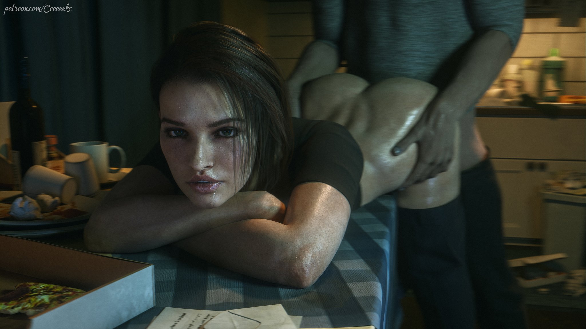 1boy, 1girls, 2026, 3d, ambiguous penetration, arms crossed, ass, back dimples, bent over, bent over table, big ass, biohazard, blue eyes, brown hair, ceeeeekc, clothed, clothed female, clothed male, clothed sex, detailed background, duo, eyeliner, eyeshadow, female, female penetrated, front view, fucked from behind, highly detailed, hip grab, in-game background, in-universe location, indoors, jill valentine, jill valentine (sasha zotova), lipstick, looking at viewer, male, pants, pants down, pink lipstick, pizza, pizza box, plump lips, resident evil, resident evil 3, resident evil 3 remake, sex from behind, shirt, short hair, standing, standing doggy style, straight, straight sex