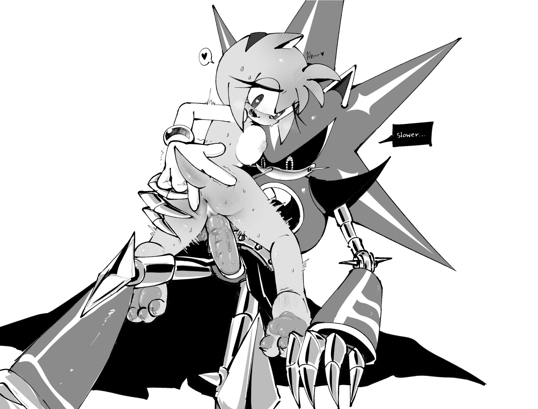 1boy, 1girls, amy rose, areolae, blush, bracelet, breasts, chillidog0, claws, foot blush, greyscale, heart, heart-shaped pupils, larger male, metal claws, metal sonic, neo metal sonic, robot, size difference, smaller female, sonic (series), sonic heroes, sonic the hedgehog (series), tagme, tail, tail blush, tremble spikes, trembling, vaginal penetration