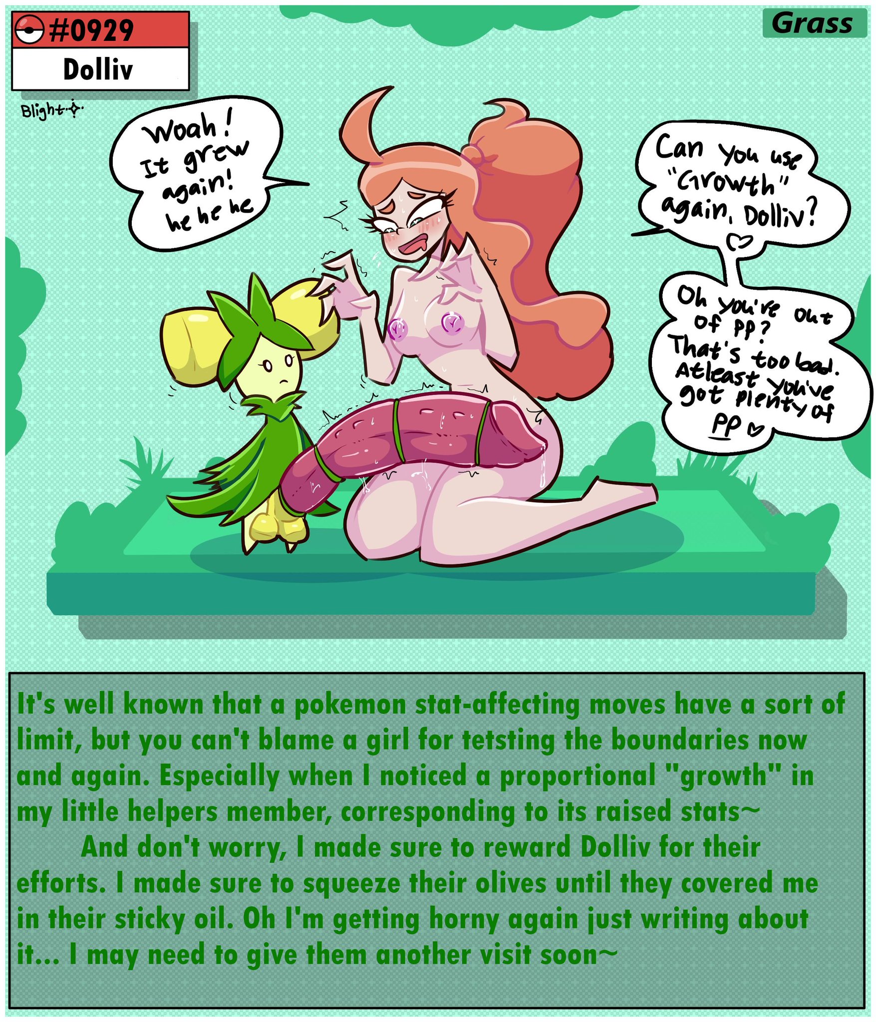 1boy, 1girls, animal penis, aroused face, aroused female, blightstar, breasts, dialogue, dolliv, emotionless, english text, futanari, ginger, grass type, huge cock, kneeling, larger female, looking at penis, male pokemon/female human, medium breasts, notes, penis awe, penis on leg, pokemon, pokemon (species), pokemon move, pokemon ss, pokemon sv, pokephilia, ponytail, researcher, small but hung, smaller male, sonia (pokemon), standing, tagme, twitching, typo