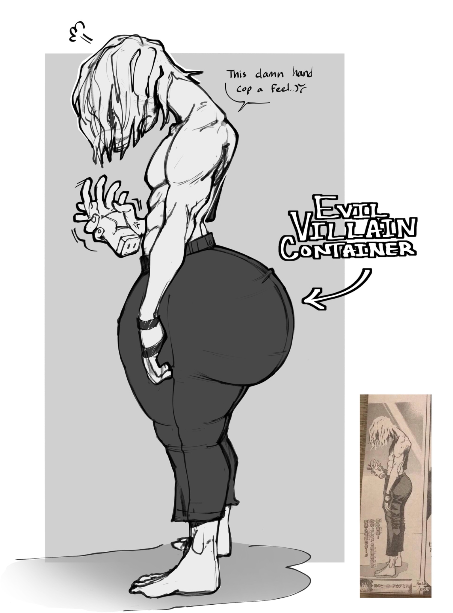 1boy, 2d, 2d (artwork), ass, barefoot, big ass, black clothing, black pants, bottom heavy, dialogue, disembodied hand, evil container, faceless male, fair skin, femboy, hand, hand wraps, holding object, huge ass, looking down, male, male focus, male only, monochrome, muscular arms, muscular chest, my hero academia, notsafe4marcus, pants, reference image, shadow, shigaraki tomura, short hair, standing, text, topless, upset, white hair