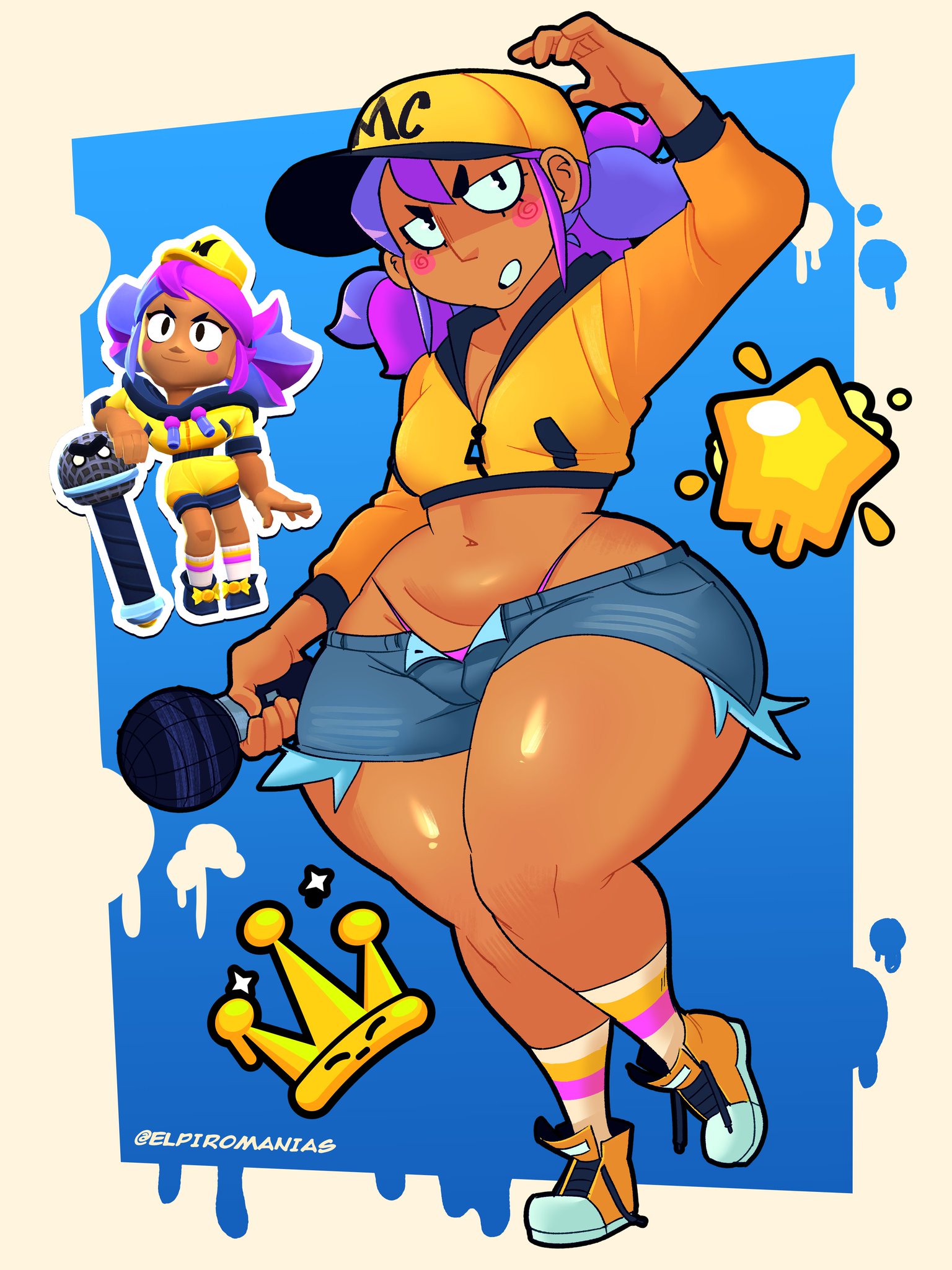 big ass, black eyes, brawl stars, elpiromanias, huge ass, mandy (brawl stars), mc mandy (brawl stars), medium breasts, microphone, pink thong, purple hair, short shorts, tan skin, thick thighs, thunder thighs, wide hips, yellow shoes