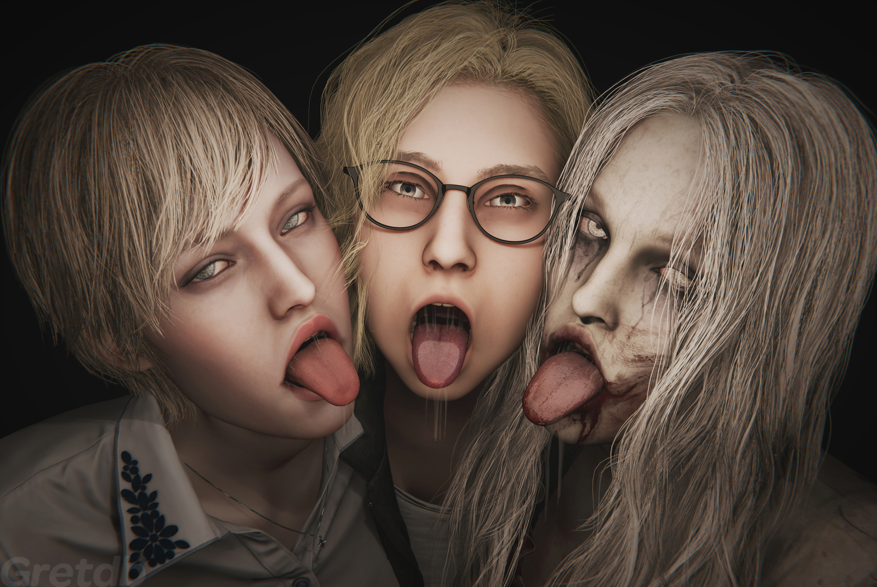 3d, 3girls, 40 year old, age difference, black pupils, blender, blonde hair, blood, blood in mouth, blood stain, face focus, female, female focus, female only, grace ashcroft, grace ashcroft (julia pratt), gretdb, grey body, grey skin, grey-haired female, grey-skinned female, imminent cum tribute, lesbian, light hair, looking at viewer, mature, mature female, mature woman, multiple girls, older female and younger female, open mouth, pale skin, pale skinned female, pale-skinned female, resident evil, resident evil 9: requiem, saliva, saliva drip, saliva string, saliva trail, selena corey, sherry birkin, sherry birkin (bridgette haze), shiny skin, tagme, tongue, tongue focus, tongue out, undead, undead female, video games, waiting for cum, white dress, white hair, white iris, white t-shirt, younger female, youthful, youthful face, youthful features, youthful look, yuri, zombie, zombie girl