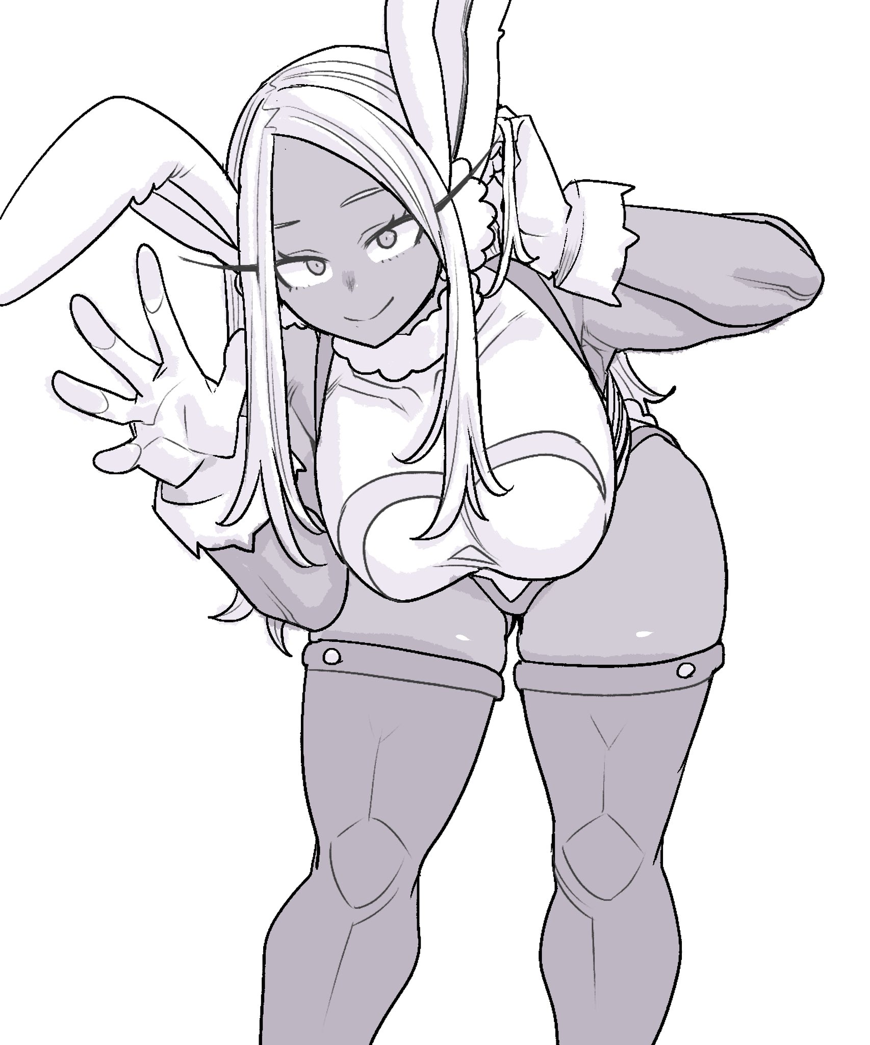 animal ears, arm behind head, bare shoulders, bent over, boku no hero academia, breasts, commentary request, covered collarbone, crescent print, female, female only, fur collar, gloves, gluteal fold, greyscale, hand up, highleg, highleg leotard, highres, human, humanoid, large breasts, leotard, long eyelashes, long hair, looking at viewer, mirko, miruko, monochrome, my hero academia, parted bangs, rabbit ears, rabbit girl, rumi usagiyama, shosho oekaki, smile, solo, thick thighs, thighhighs, thighs, toned, toned female, very long hair
