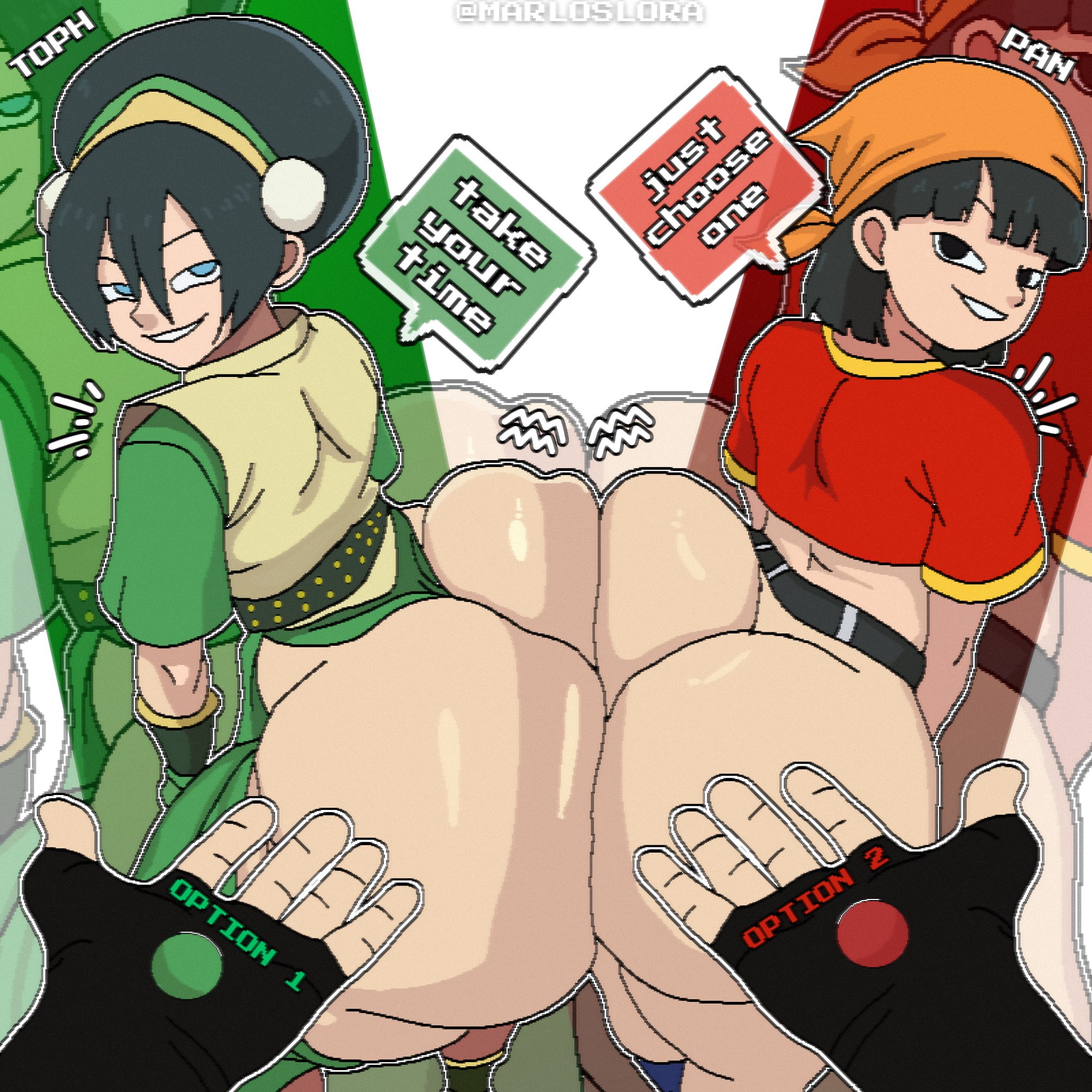 2girls, ass, ass crack, ass focus, ass to ass, avatar the last airbender, big ass, bottom heavy, bottomless, bubble ass, bubble butt, crossover, dragon ball, eastern and western character, female, female focus, female only, huge ass, large ass, looking at viewer, marlosart, pan (dragon ball), pov, round ass, round butt, seductive look, seductive smile, thick, thick ass, toph bei fong