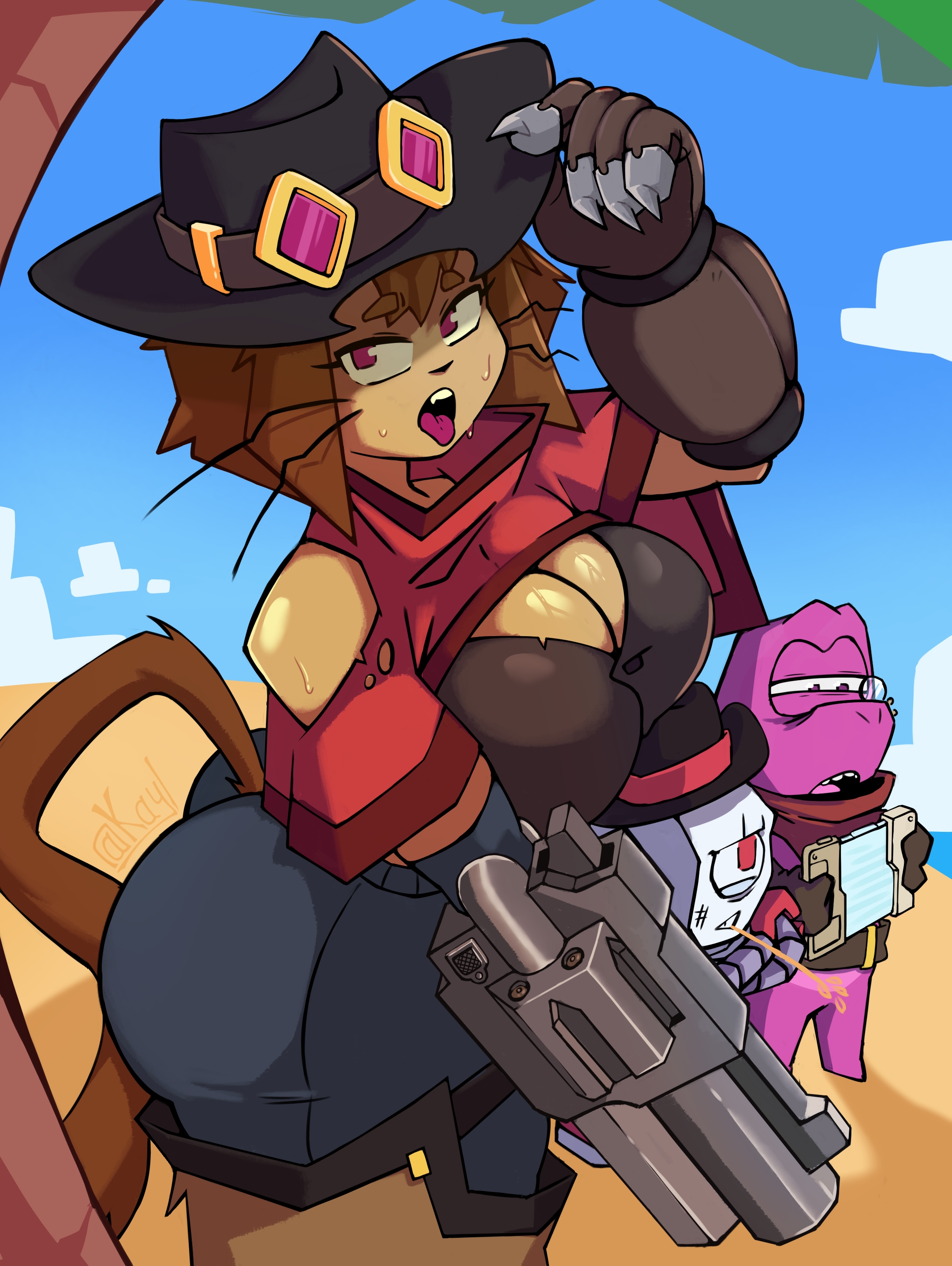 1girls, 2d, 2d (artwork), 2d artwork, alternate body type, alternate costume, anthro, ass, big breasts, breasts, cat, cat ears, cat girl, cat humanoid, cat tail, catgirl, cowboy, cowboy hat, cowboy outfit, digital drawing (artwork), digital media (artwork), domestic cat, drawing, drawn, duo, english, english text, female, female focus, gameoverse, gobbles (gameoverse), huge ass, huge breasts, kaboodle (gameoverse), kayl, kayl nsfw, kit (gameoverse), large ass, large breasts, tagme, text, thick ass, thick thighs, thighs, wide hips