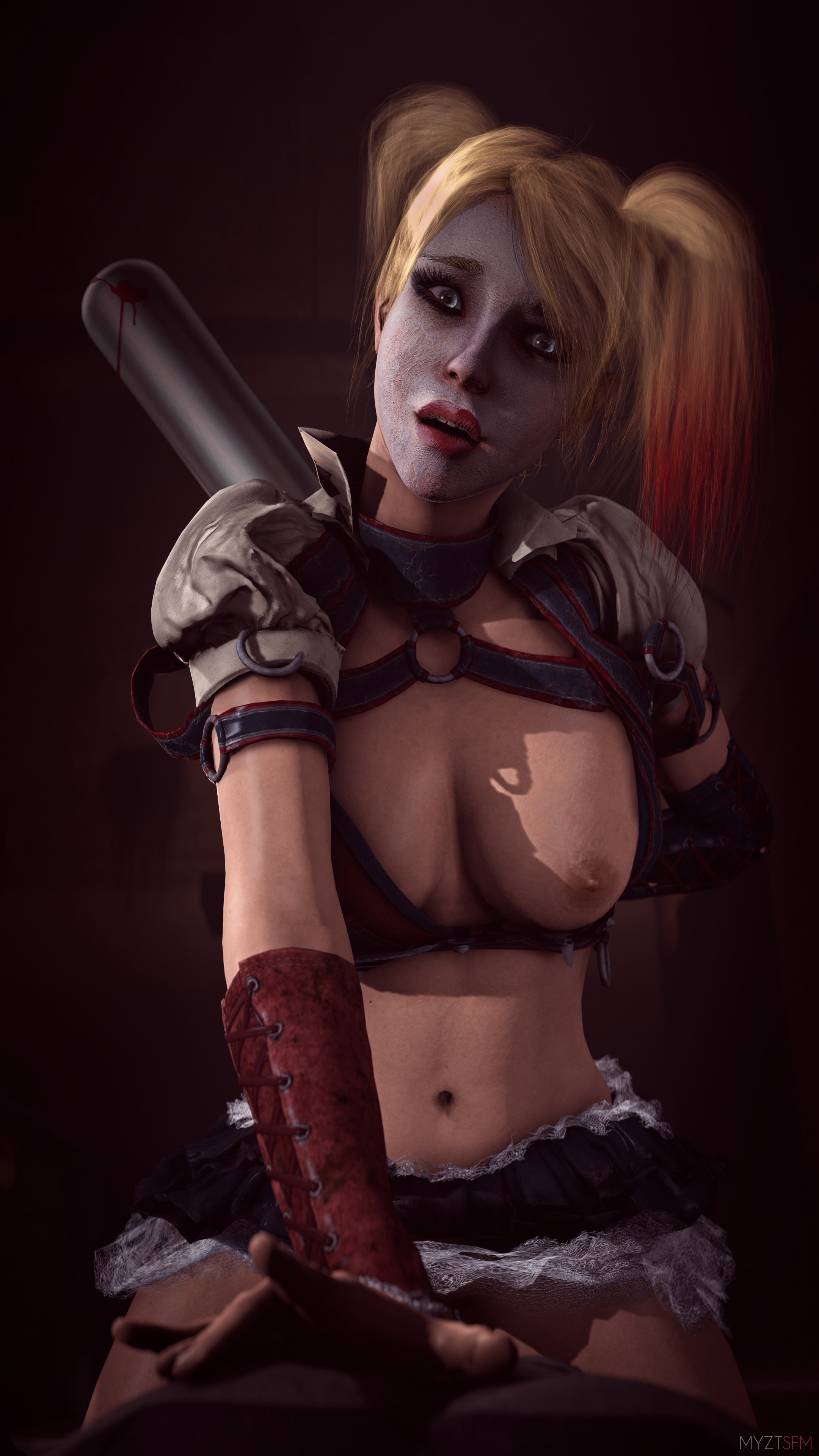 1girls, 3d, armbands, baseball bat, batman (series), batman: arkham knight, belly, blonde hair, blue eyes, breasts, clothes, clothing, cowgirl position, dc, dc comics, dyed hair, female, female only, harley quinn, harley quinn (arkham knight), harley quinn (arkham), large breasts, makeup, multicolored hair, myztsfm, navel, red hair, ride, riding, skirt, solo, source filmmaker, tied hair, twintails