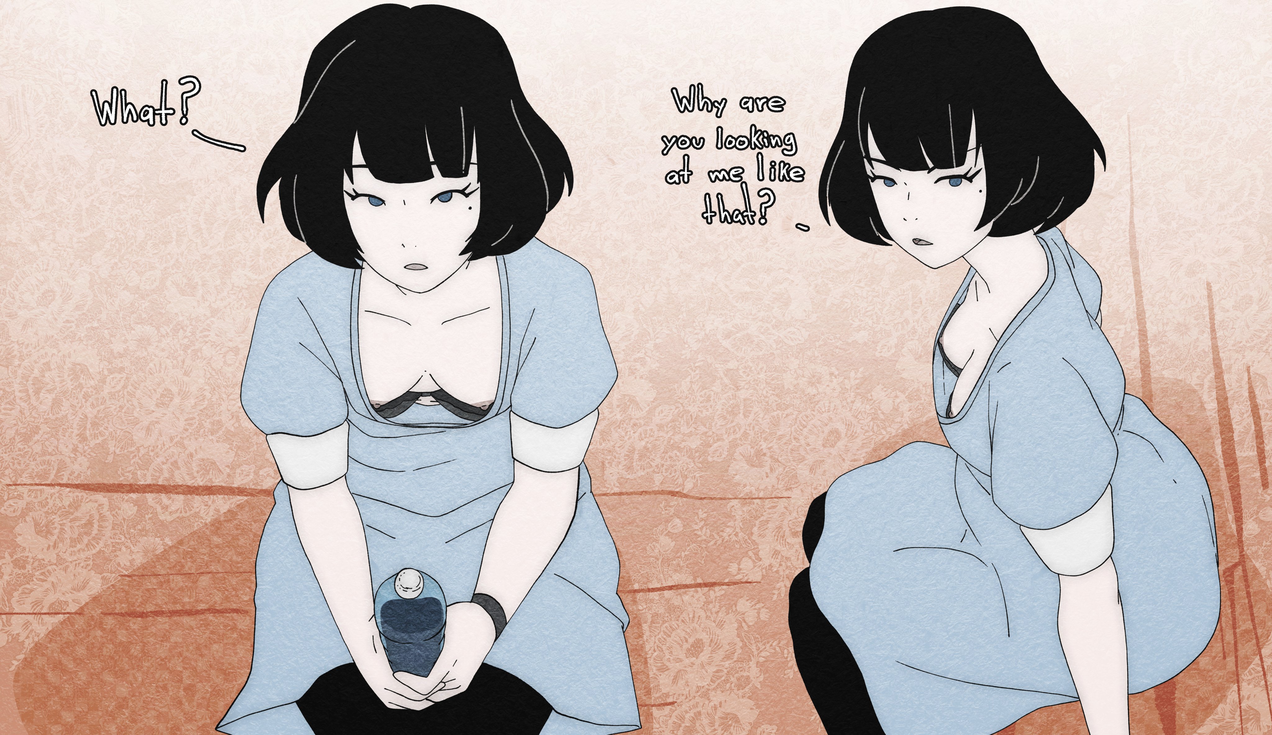1girls, 2d, 2d (artwork), accidental exposure, akashi, black hair, blue eyes, breasts, clothing, downblouse, dress, english text, female, female only, from above, inker comics, inkershike, looking at viewer, mole, mole under eye, nipples, shirt, short hair, sitting, small breasts, text, the tatami galaxy, viewed from above, wardrobe malfunction, yojouhan shinwa taikei