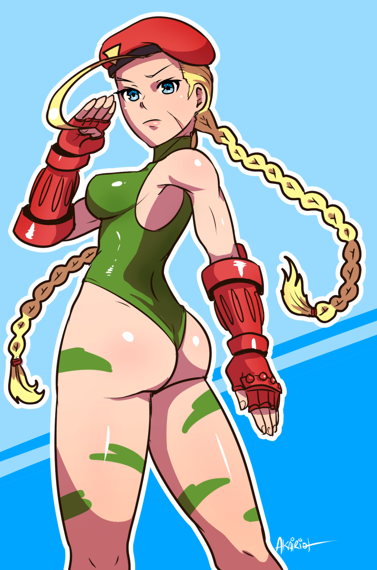 akairiot, ass, beret, blonde hair, blue eyes, cammy white, capcom, facial scar, female, female only, fully clothed, human, leotard, scar, solo, standing, street fighter, twin braids