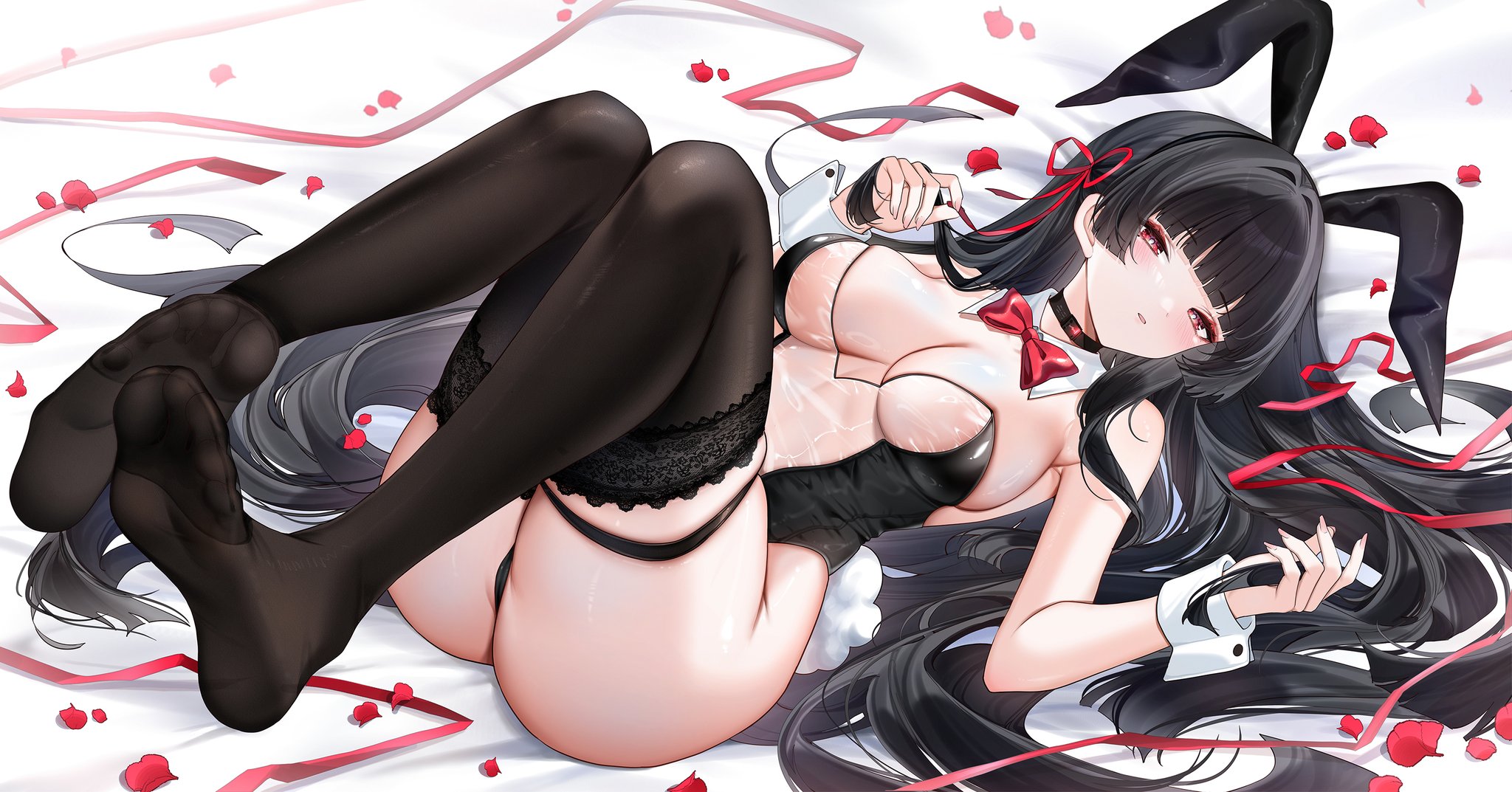 1girls, big breasts, black bunny ears, black hair, black thighhighs, breasts, bunny ears, chisa (wuthering waves), exposed breasts, female, long hair, lying, lying on back, red eyes, thighhighs, wuthering waves, yukineko1018