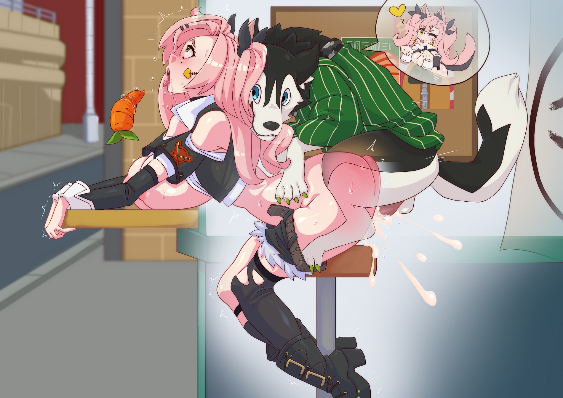 1boy, 1girls, ahe gao, animal ears, animal penis, ass, blue eyes, blush, breasts, canine, clothed, clothed sex, clothing, cum, dog ears, dog penis, green eyes, howl (zenless zone zero), huge breasts, huge cock, interspecies, kibazoku, long hair, looking at viewer, nicole demara, nipples, penis, pink hair, pointy ears, rolling eyes, sex, sex from behind, sitting, sweat, tongue, tongue out, twintails, zenless zone zero, zoophilia