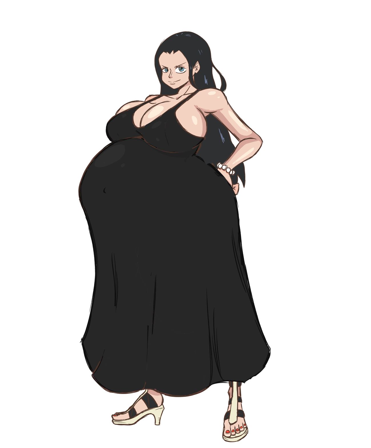 1girls, arbrianarchy, belly, big belly, big breasts, black dress, black hair, breasts, female, female only, gigantic breasts, hand on hip, high heels, hyper belly, large breasts, maternity clothes, maternity dress, nico robin, one piece, pregnant, red toenails, sideboob, solo female, source deleted