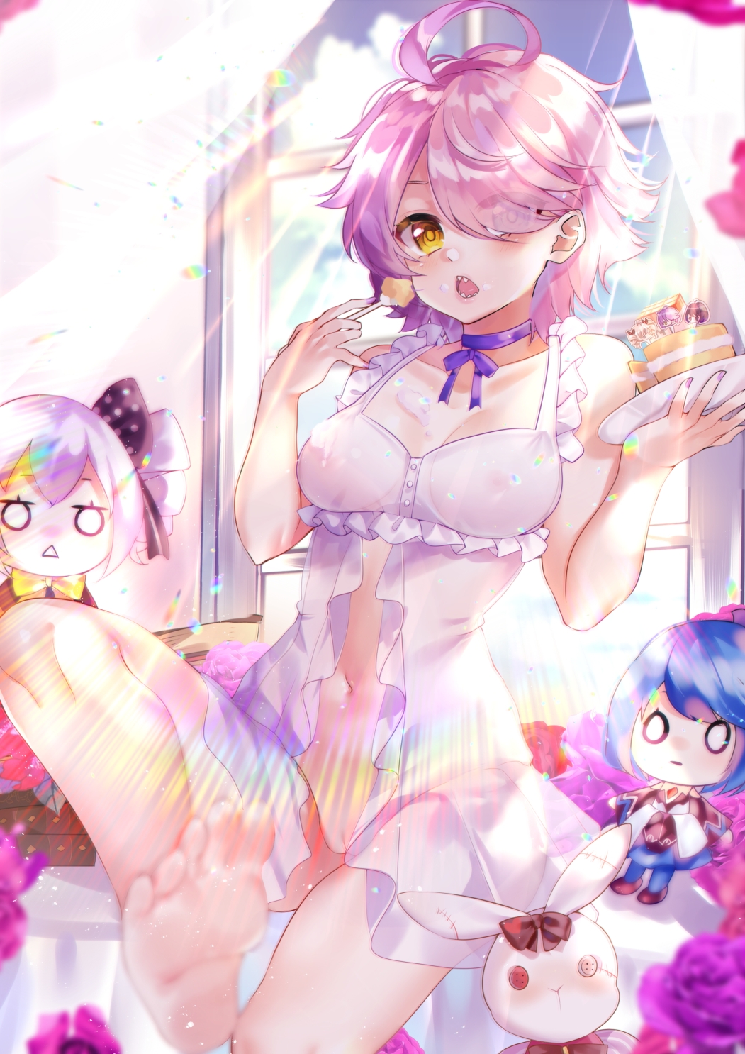 ahoge barefoot blue_sky blurry blurry_foreground bow breasts bronya_zaychik bronya_zaychik_(wolf's_dawn) cake cake_slice choker cloud cloudy_sky dool female flower food fork frills hair_over_one_eye happy_birthday heterochromia highres holding holding_fork holding_plate honkai_(series) honkai_impact_3rd lingerie medium_breasts multicolored_hair navel nipples nude open_mouth pink_hair plate purple_bow purple_choker purple_eyes purple_flower purple_hair purple_rose pussy rose seele_vollerei seele_vollerei_(stygian_nymph) sharp_teeth short_hair sin_mal sin_mal0909 sky soles solo stomach sunlight teeth toes two-tone_hair underwear window yellow_eyes