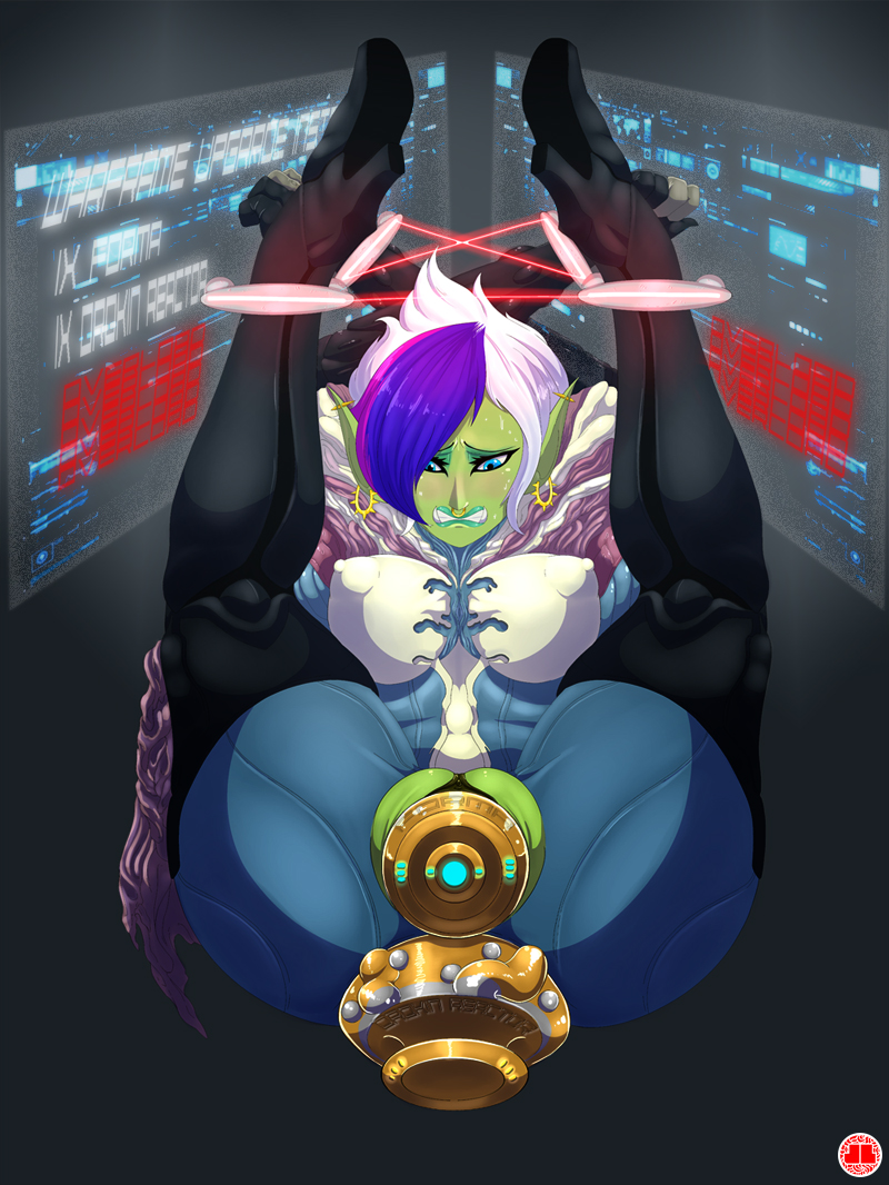 anal, anal insertion, arms behind head, ass, breasts, buttplug, clenched teeth, clothed, double insertion, double penetration, exposed anus, exposed pussy, female, female only, gold buttplug, green skin, high heel boots, high heels, huge ass, huge buttplug, huge insertion, immobile, jlullaby, large breasts, large insertion, legs up, massive buttplug, orc, orc female, penetration, piercing, plow pose, pussy, pussy plug, restrained, saryn (warframe), solo, tenno, text on buttplug, thigh boots, thighhighs, vaginal insertion, vem, warframe, wide hips
