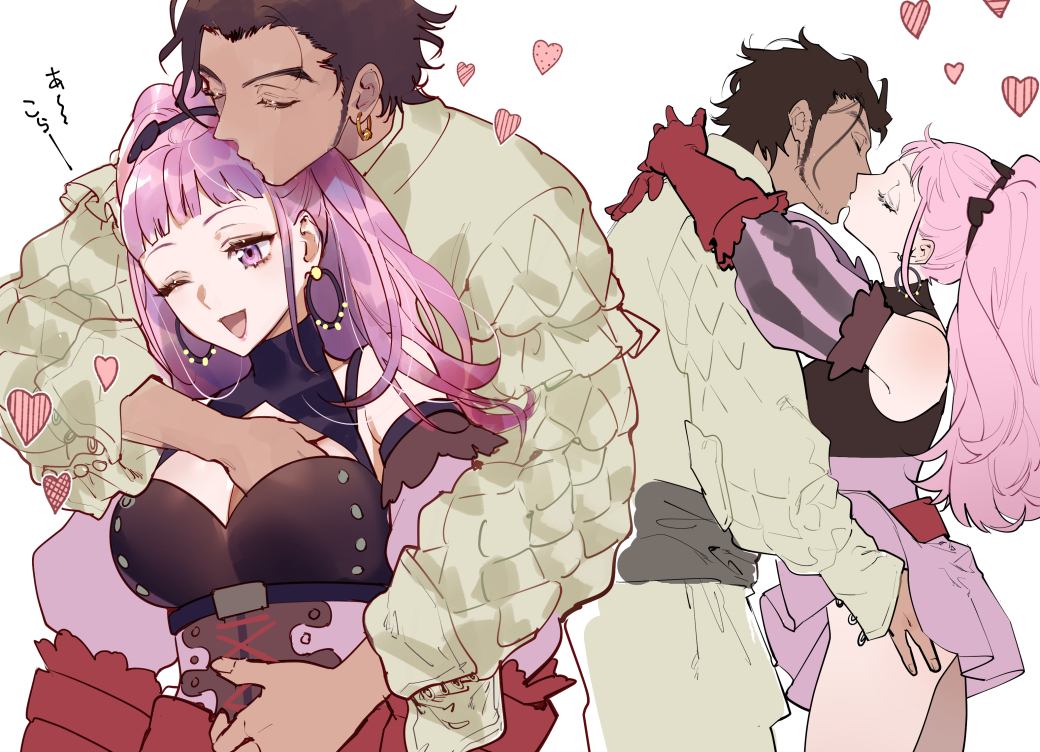 ass ass_grab breast_grab brown_hair brown_skin claude_von_riegan closed_eyes clothed clothing couple couple_(romantic) earring earrings female fire_emblem fire_emblem:_three_houses gloves headband heart heart_symbol hilda_valentine_goneril interracial kissing long_hair male nakanaka_hawawa pink_eyes pink_hair short_hair sideburns tagme white_skin