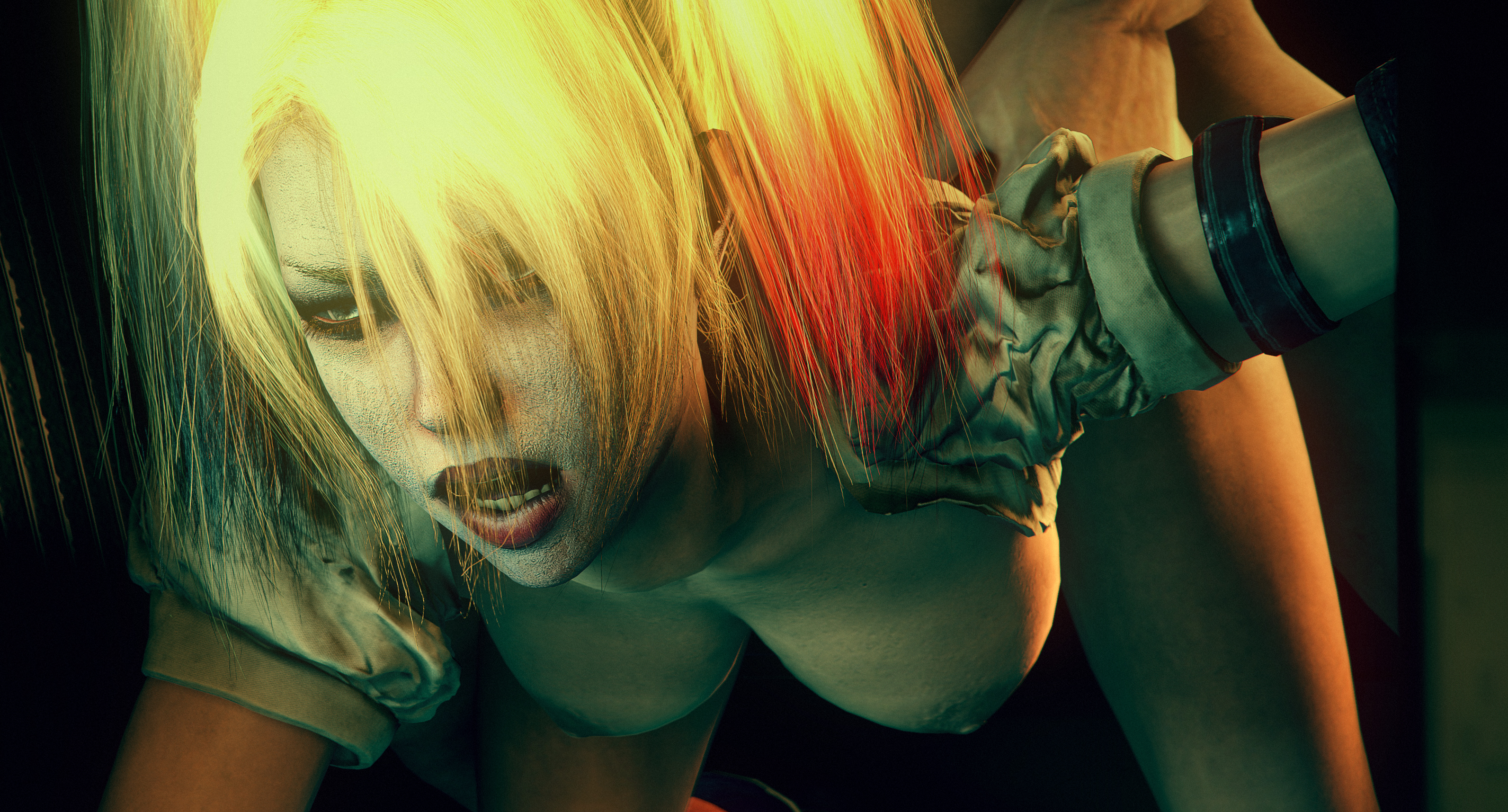 3d, batman (series), batman: arkham knight, blonde hair, blue eyes, breasts, dc, dc comics, female, from behind, harley quinn, harley quinn (arkham knight), harley quinn (arkham), large breasts, makeup, nipples, slop art, source filmmaker, tied hair, twintails