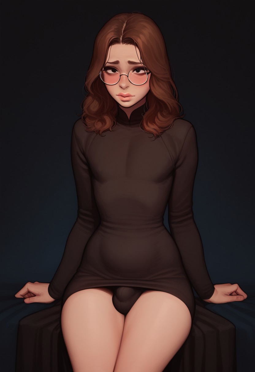 1boy ai_generated androgynous black_dress black_eyes black_panties brown_hair bulge civitai claire_(truep81) crossdressing femboy feminine feminine_male girly glasses long_hair looking_at_viewer male male_focus male_only panties sitting solo_focus solo_male thighs truep81_(artist)