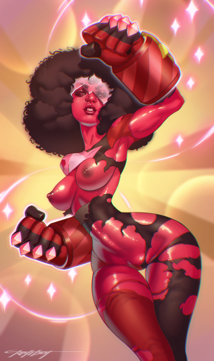 1girls, afro, black hair, bodysuit, breasts, cartoon network, dark skin, dark-skinned female, erotibot, female, fist, garnet (steven universe), gauntlets, gem (species), gem fusion, gloves, goggles, large breasts, nipples, red skin, skin tight, solo, standing, steven universe, thigh gap, torn bodysuit, torn clothes