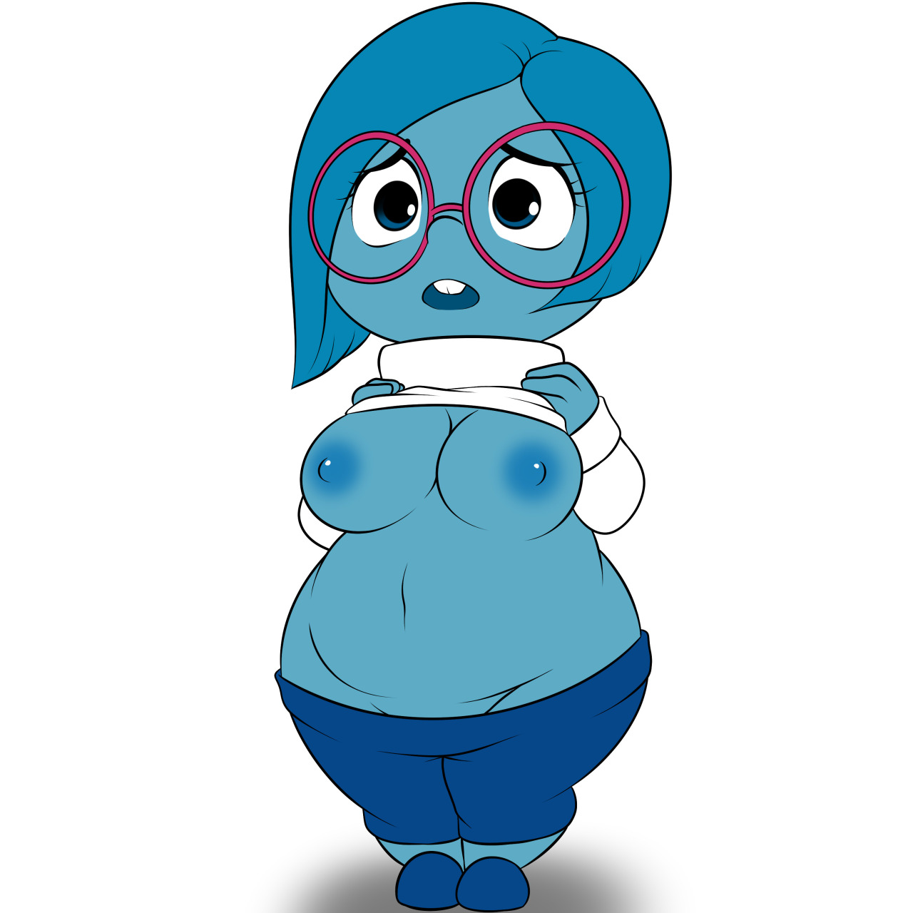 2015, big breasts, blue skin, breasts, chubby, disney, female, glasses, inside out, kloudmutt, nipples, pixar, sadness (inside out)