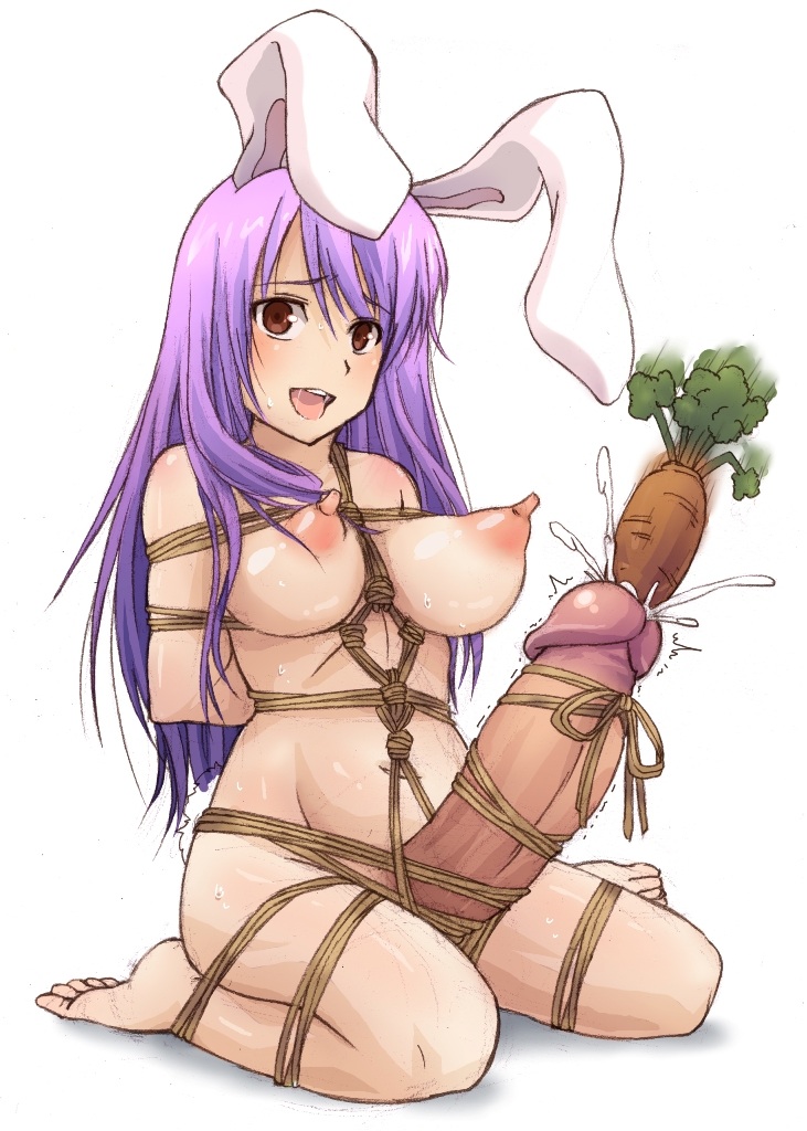 1futa, arms behind back, bondage, breasts, bunny ears, carrot, cum, futa only, futa urethral insertion, futanari, huge cock, hyper penis, intersex, large breasts, large nipples, penile urethral insertion, penis, purple hair, reisen udongein inaba, restrained, sitting, solo, suppy, tied up, touhou, urethral insertion, vegetable dildo