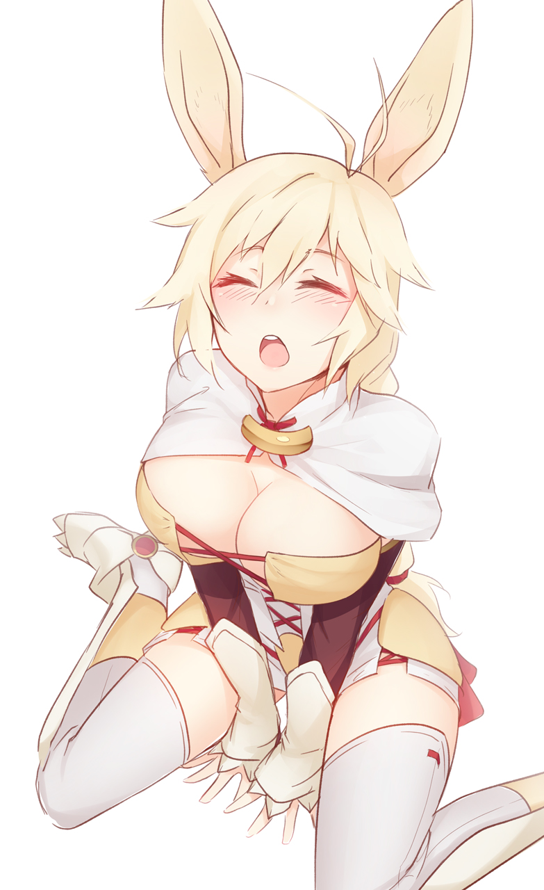 1girls, animal ears, blonde hair, blush, breasts, bunny ears, cleavage, closed eyes, cum, cum on body, cum on breasts, cum on upper body, facial, female, female only, highres, kerasu, large breasts, nashetania loei piena augustra, open mouth, ricegnat, rokka no yuusha, simple background, sitting, solo, thighhighs, wariza, white background